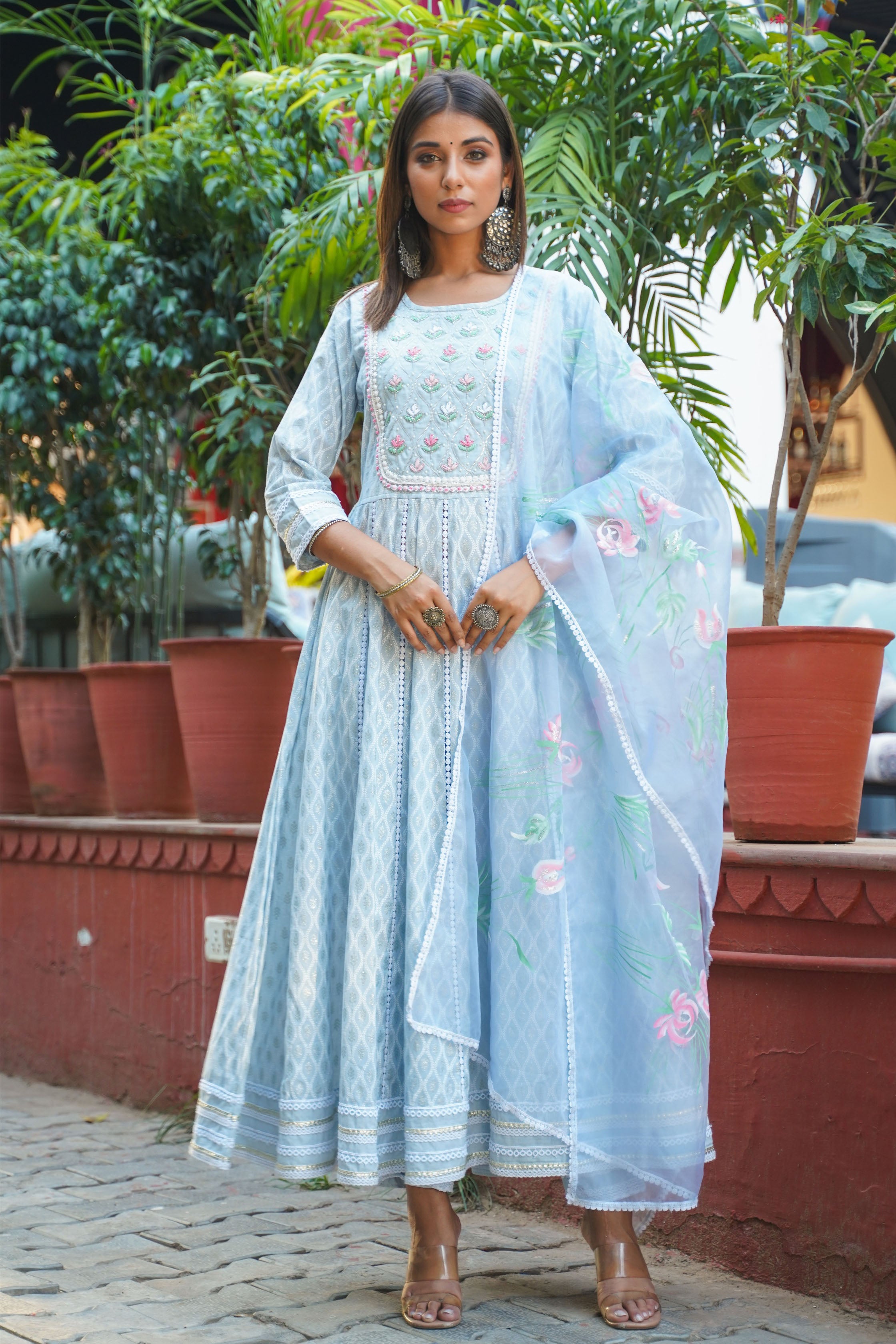 Aavanya Sea Green Cotton Hand Work and Bead & Stone Work Round Neck Anarkali Kurta & Trouser With Dupatta