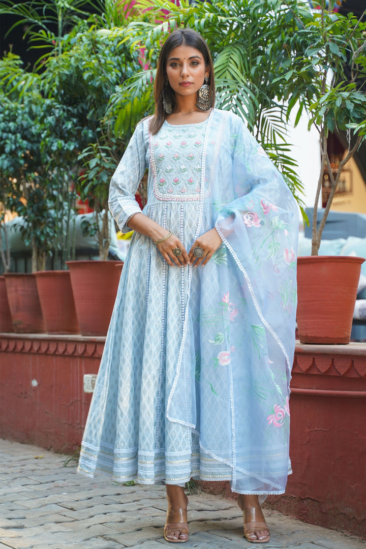 Aavanya Sea Green Cotton Hand Work and Bead & Stone Work Round Neck Anarkali Kurta & Trouser With Dupatta