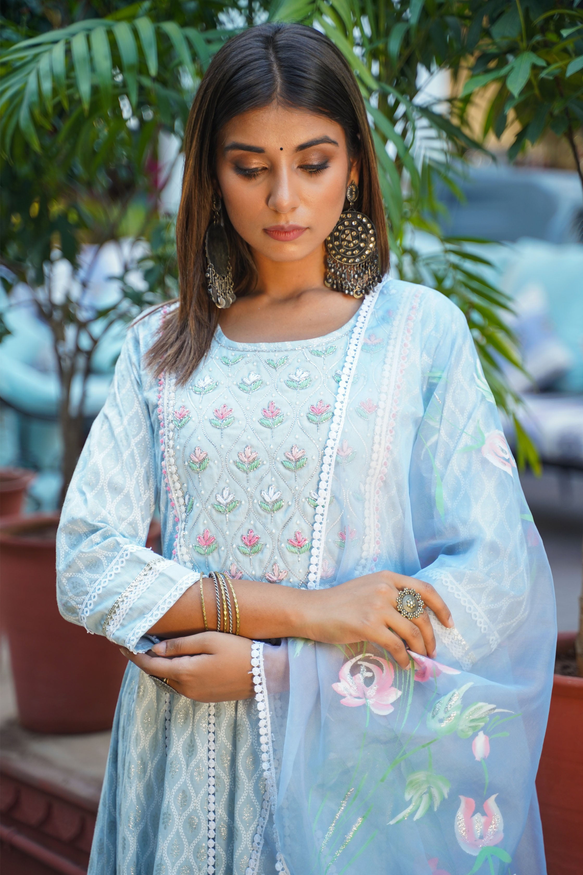 Aavanya Sea Green Cotton Hand Work and Bead & Stone Work Round Neck Anarkali Kurta & Trouser With Dupatta