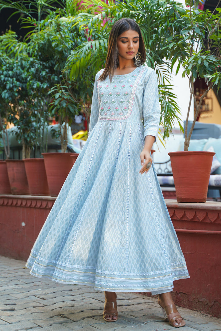 Aavanya Sea Green Cotton Hand Work and Bead & Stone Work Round Neck Anarkali Kurta & Trouser With Dupatta
