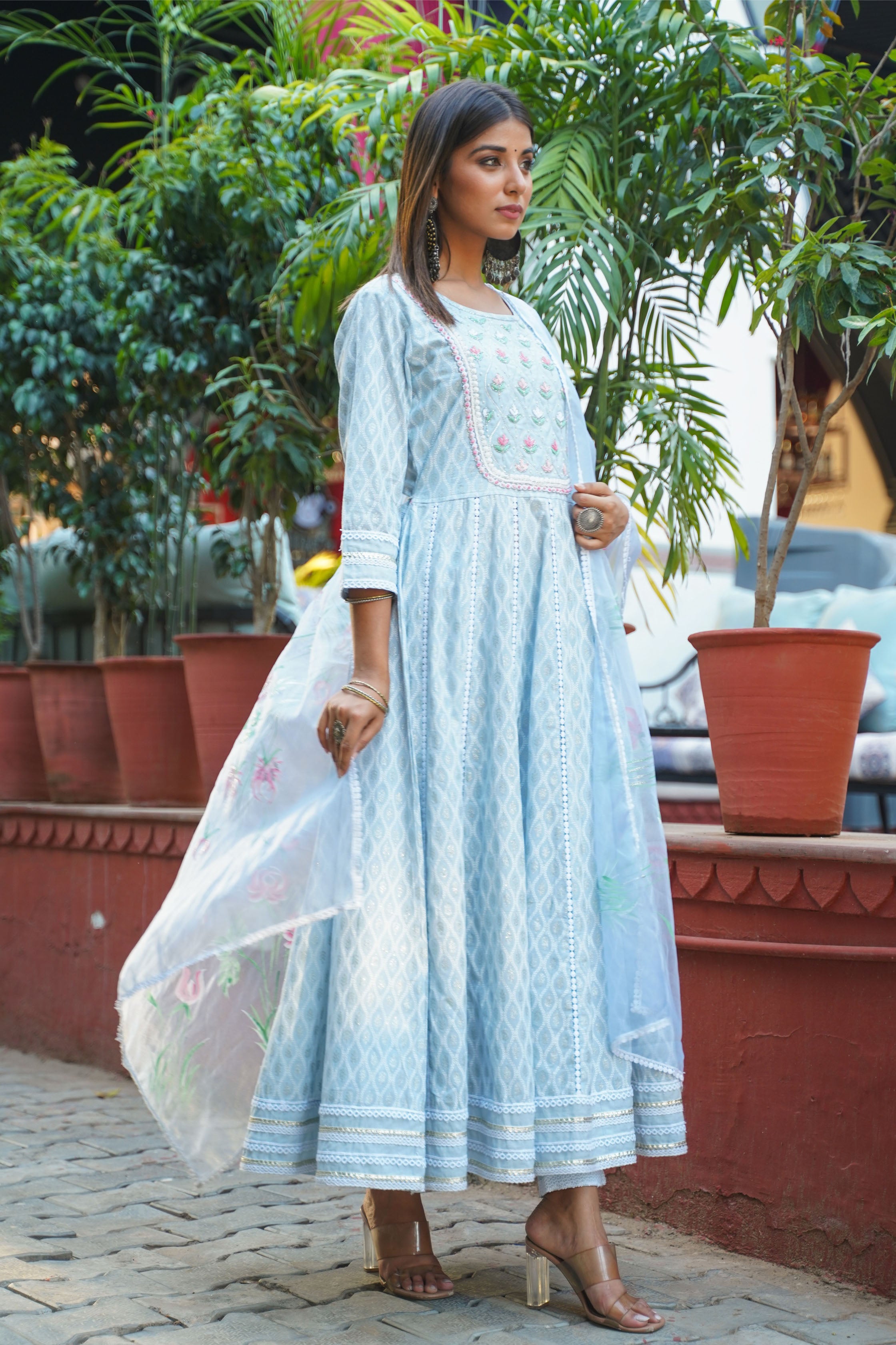 Aavanya Sea Green Cotton Hand Work and Bead & Stone Work Round Neck Anarkali Kurta & Trouser With Dupatta