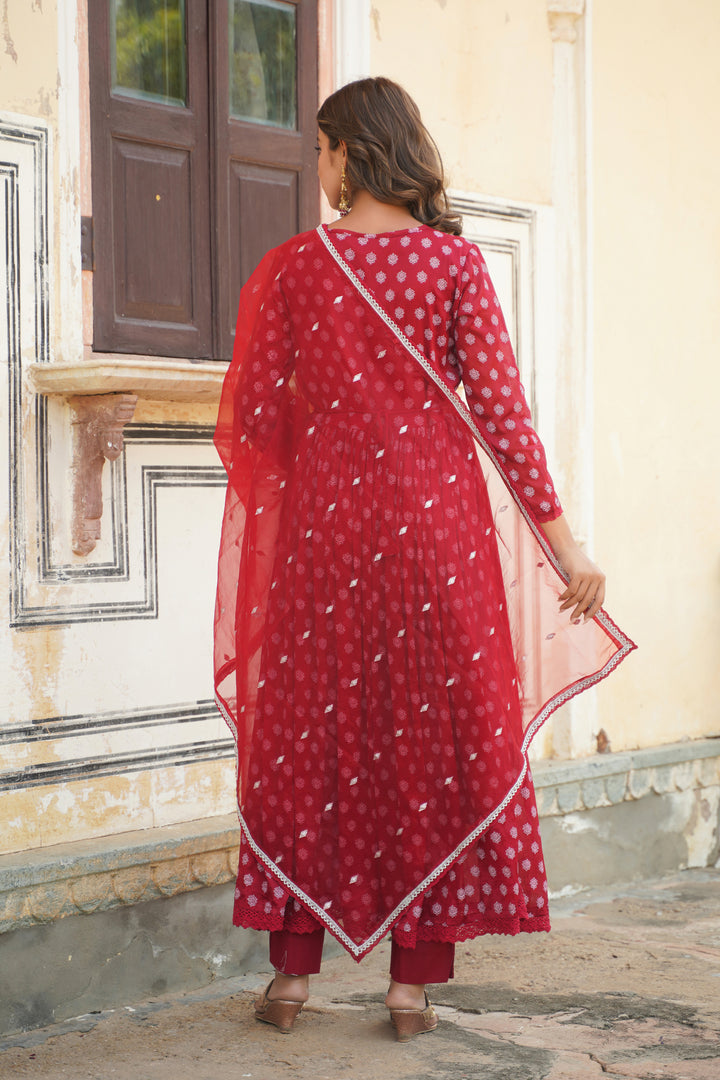 Maroon Chinon Khari Print Bead & Stone Work Round Neck 3/4 Sleeve Kurta & Trouser With Dupatta