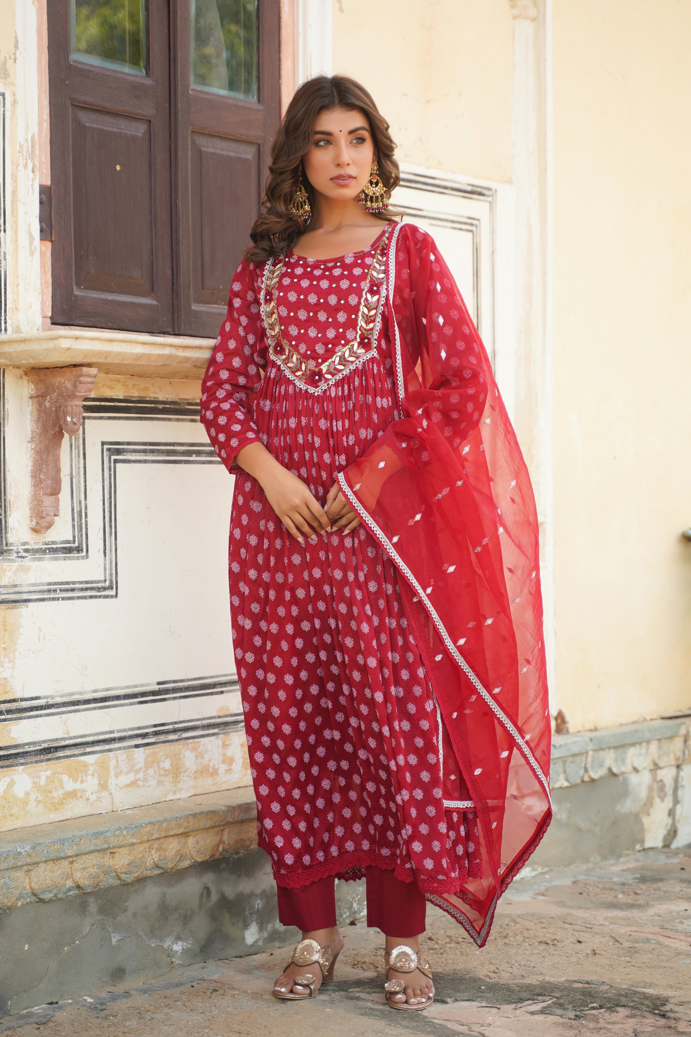 Maroon Chinon Khari Print Bead & Stone Work Round Neck 3/4 Sleeve Kurta & Trouser With Dupatta