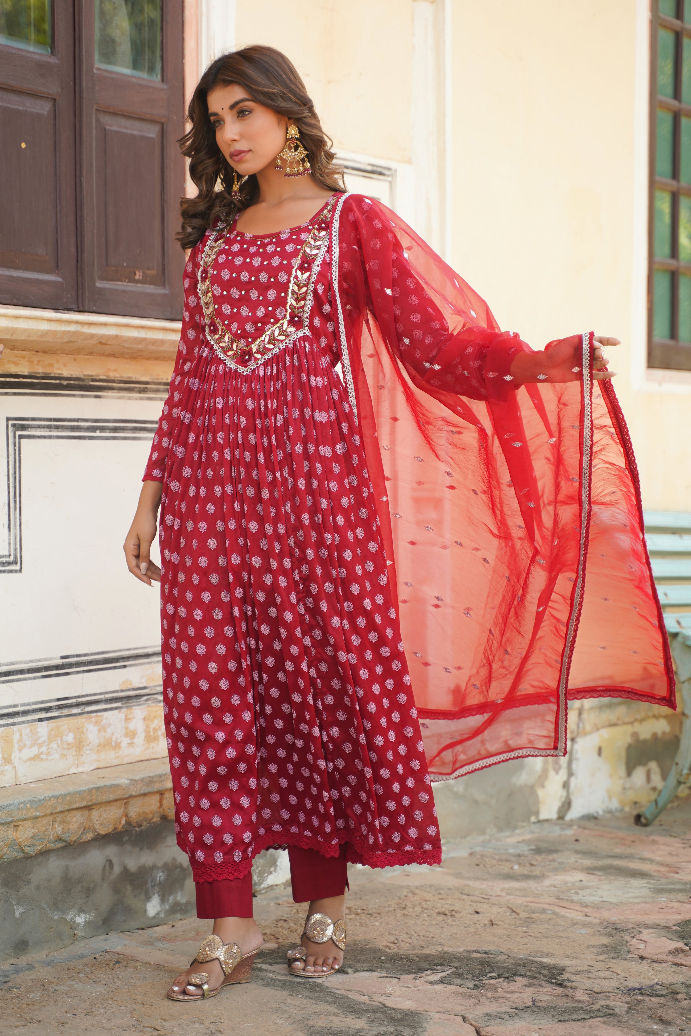 Maroon Chinon Khari Print Bead & Stone Work Round Neck 3/4 Sleeve Kurta & Trouser With Dupatta
