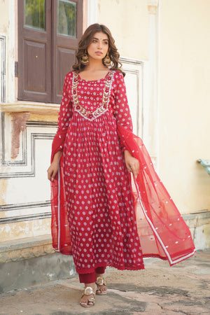 Aavanya Maroon Chinon Khari Print Bead & Stone Work Round Neck Anarkali Kurta & Trouser With Dupatta