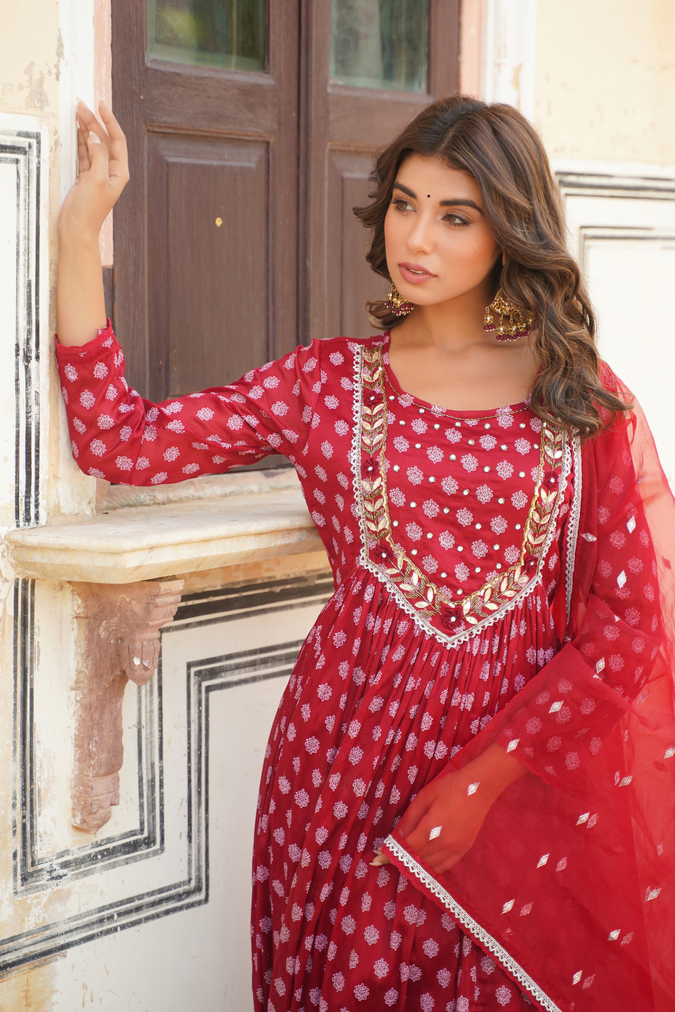 Maroon Chinon Khari Print Bead & Stone Work Round Neck 3/4 Sleeve Kurta & Trouser With Dupatta