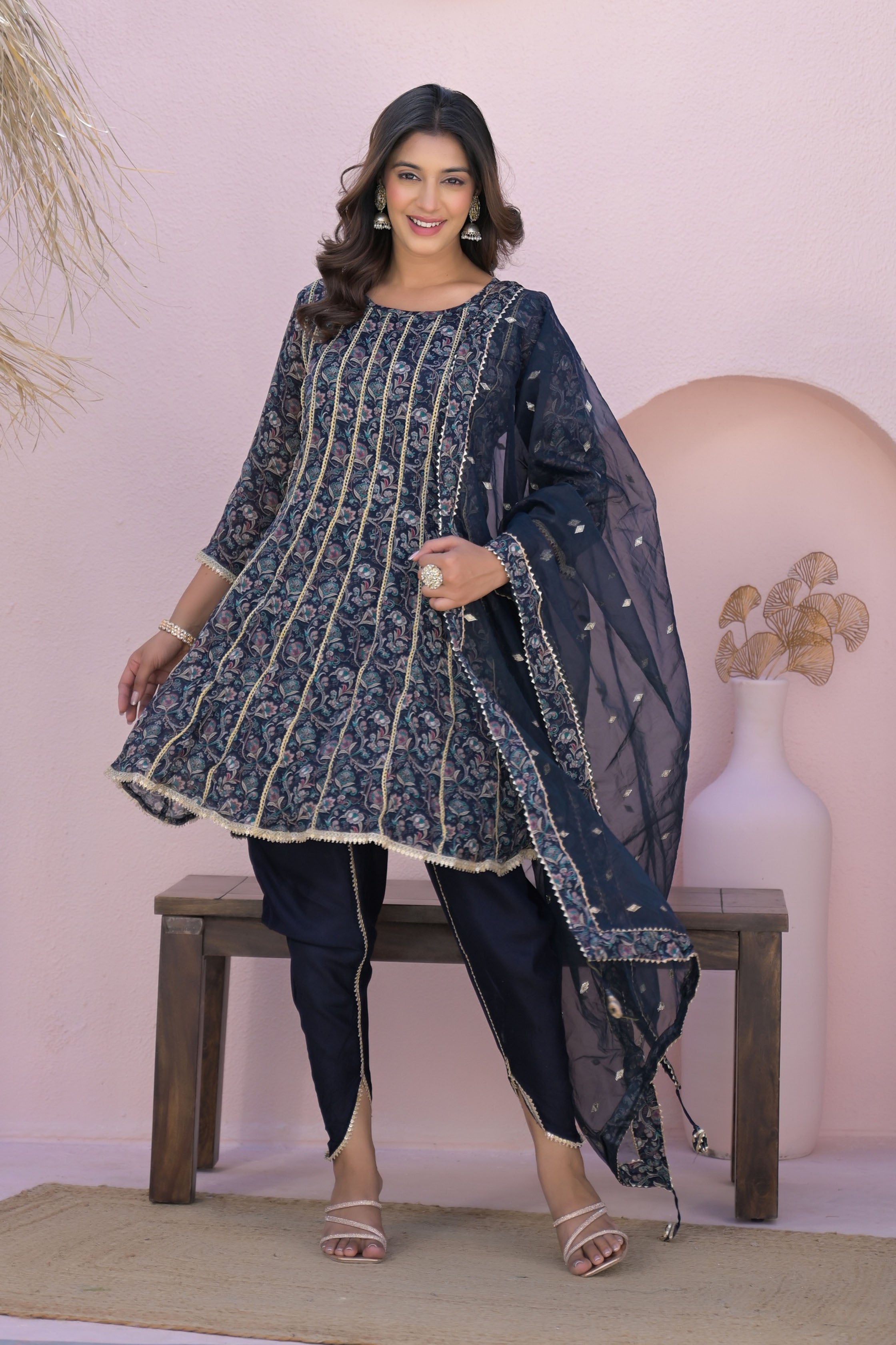 Blue Less Work Round Neck Straight Kurta & Dhoti with Dupatta