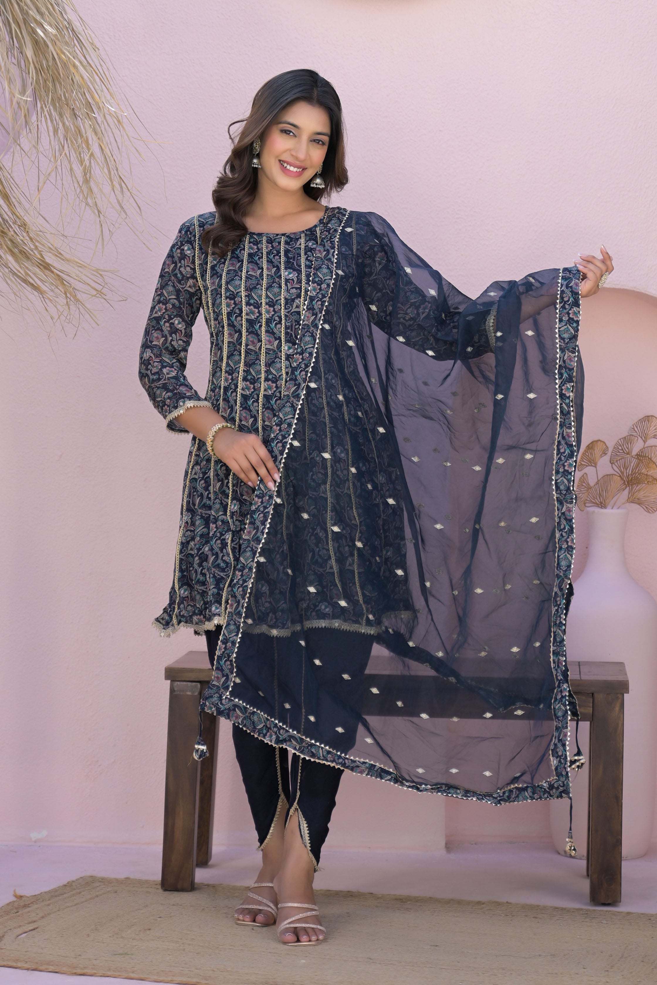 Blue Less Work Round Neck Straight Kurta & Dhoti with Dupatta
