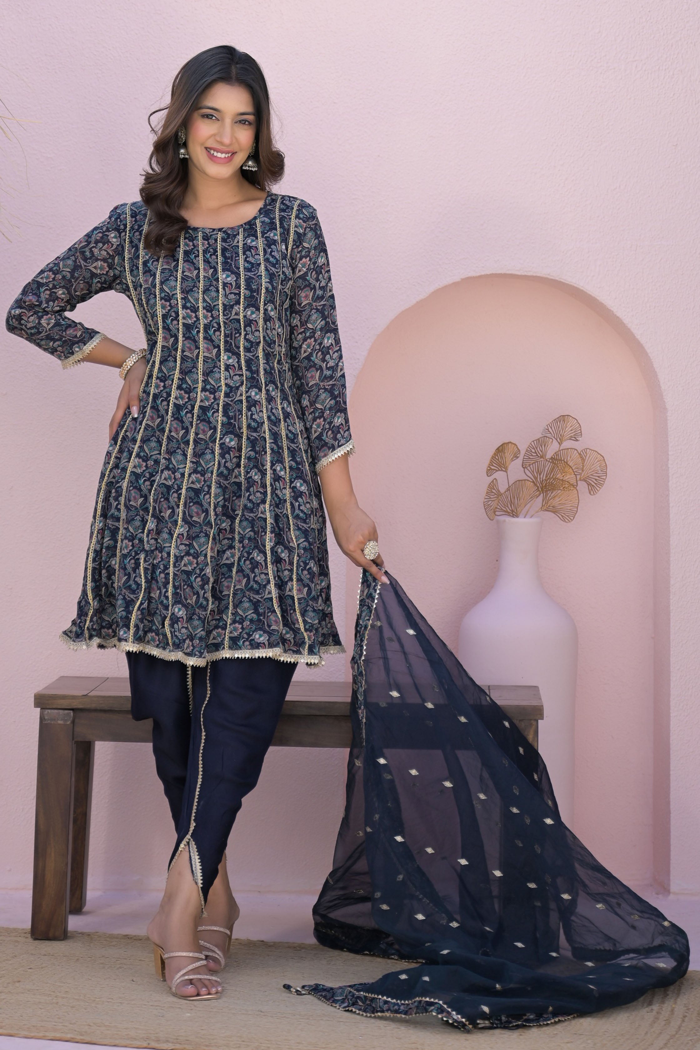 Aavanya Blue Less Work Round Neck Straight Kurta & Dhoti with Dupatta