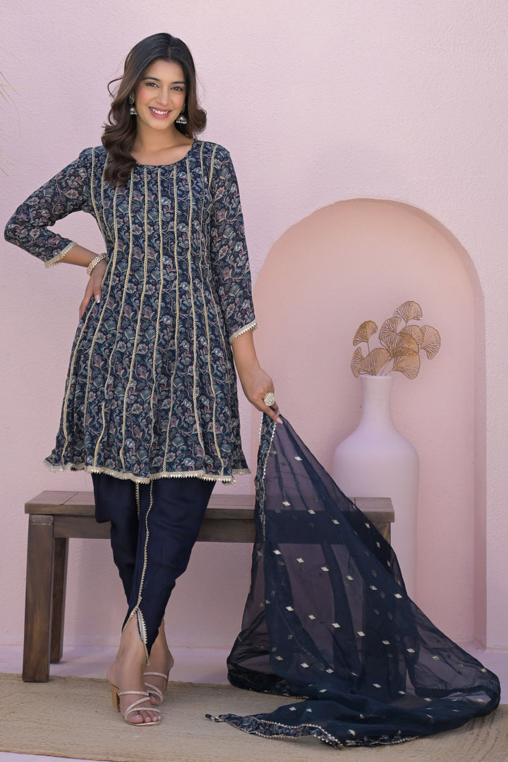 Aavanya Blue Less Work Round Neck Straight Kurta & Dhoti with Dupatta