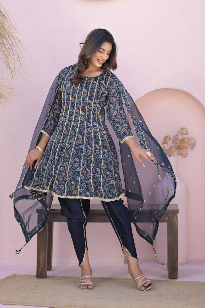 Blue Less Work Round Neck Straight Kurta & Dhoti with Dupatta
