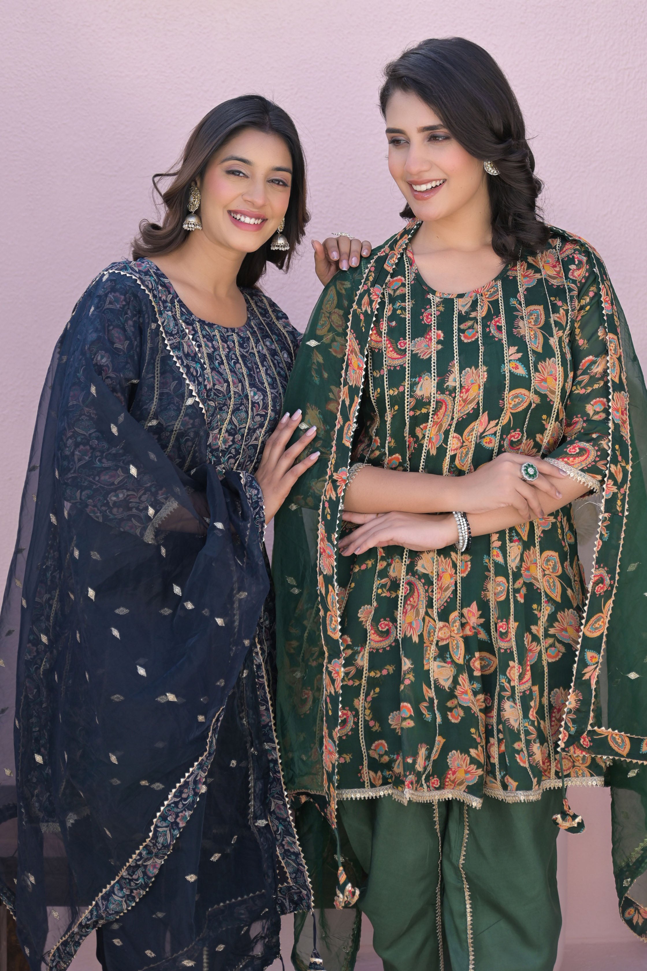 Green Less Work Round Neck Straight Kurta & Dhoti with Dupatta