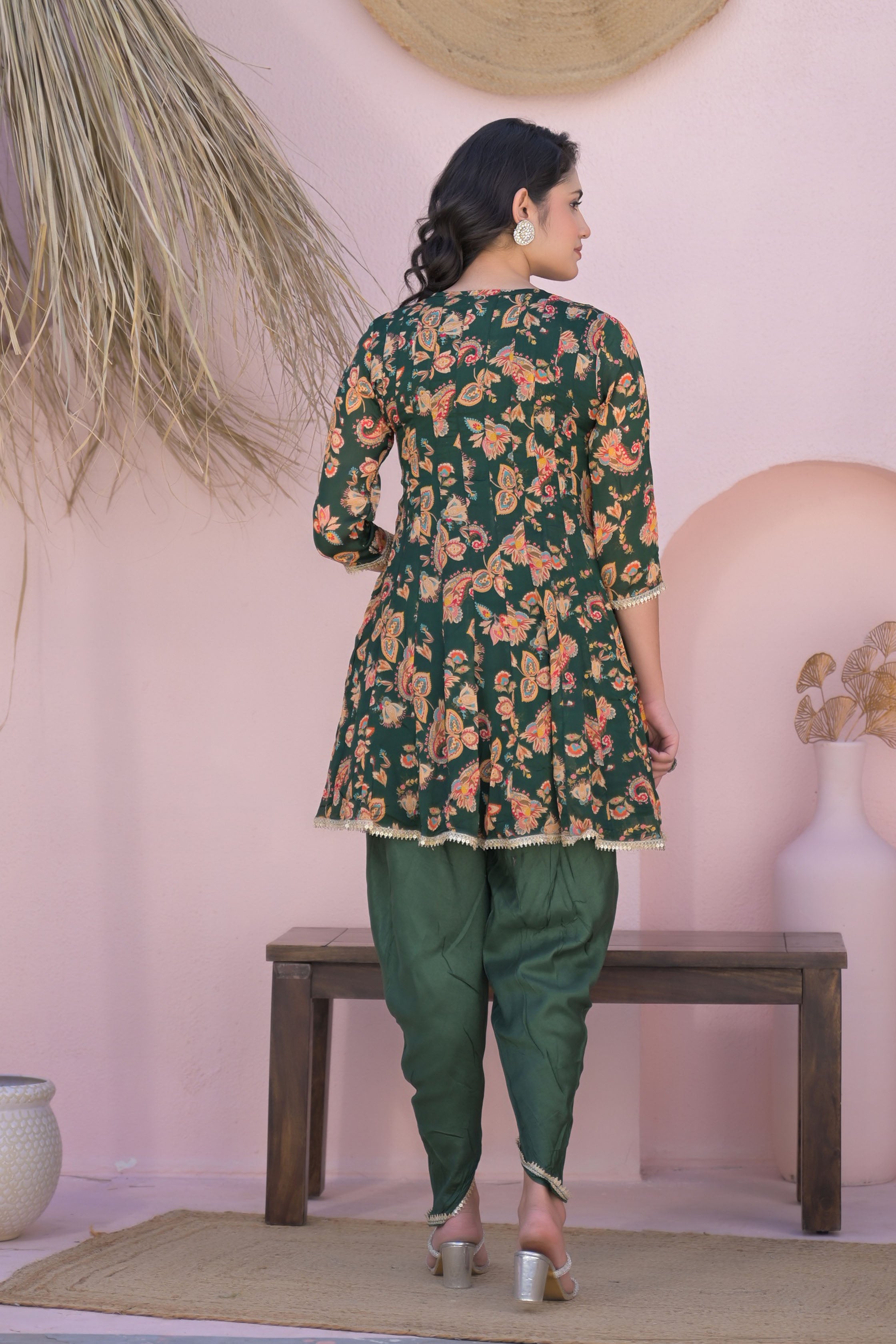 Green Less Work Round Neck Straight Kurta & Dhoti with Dupatta