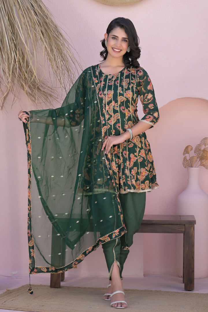 Green Less Work Round Neck Straight Kurta & Dhoti with Dupatta