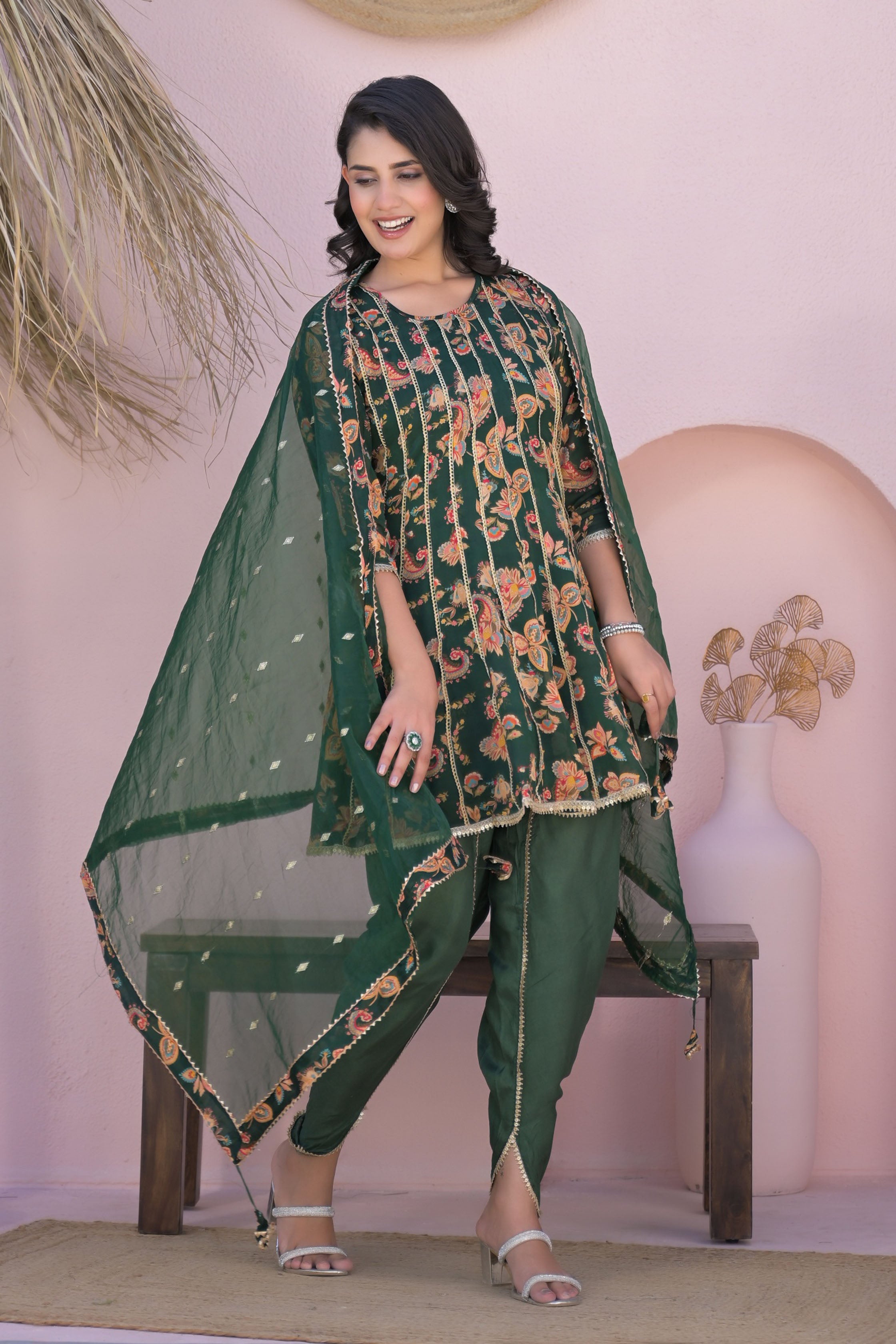 Green Less Work Round Neck Straight Kurta & Dhoti with Dupatta