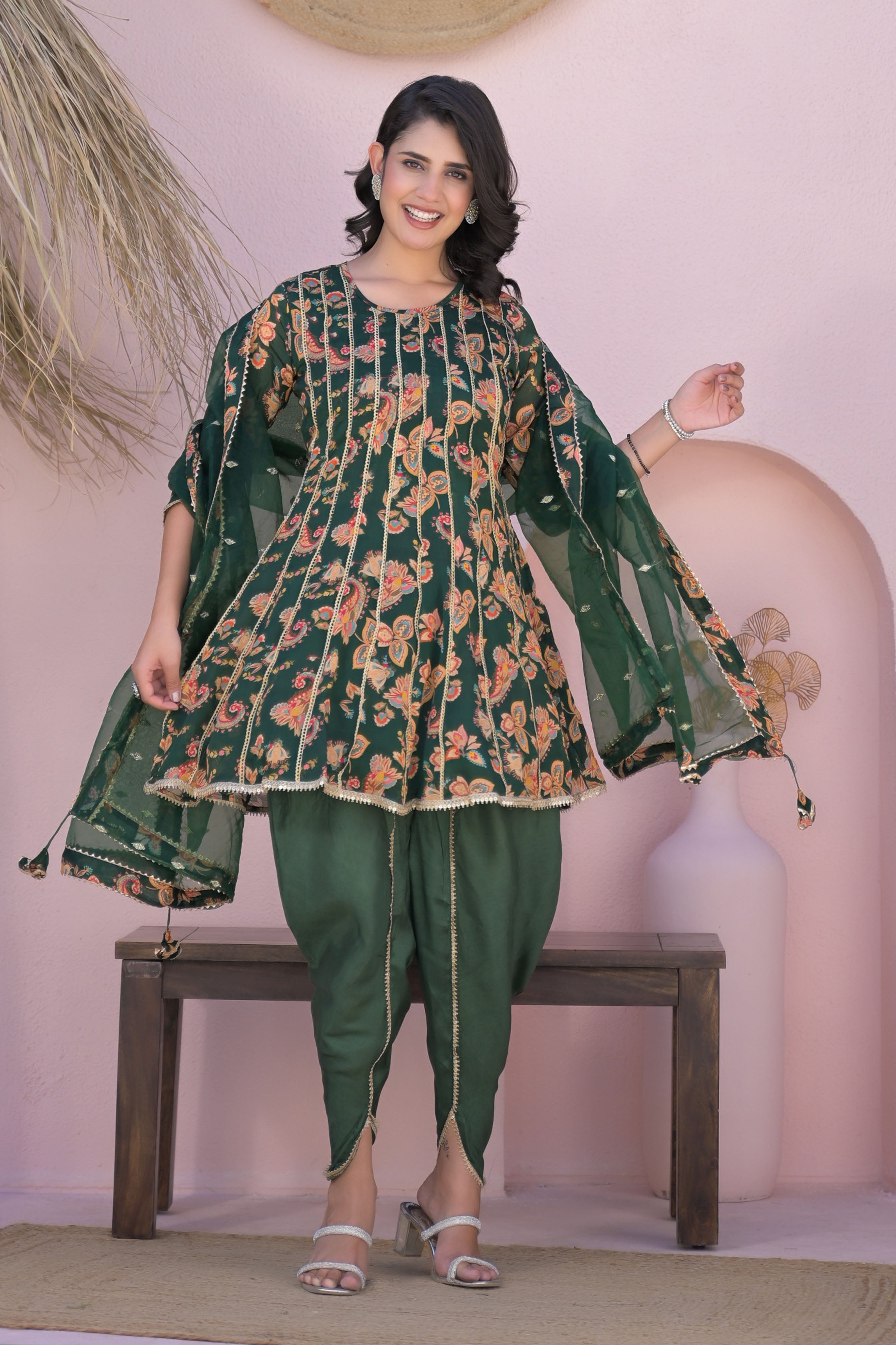 Green Less Work Round Neck Straight Kurta & Dhoti with Dupatta