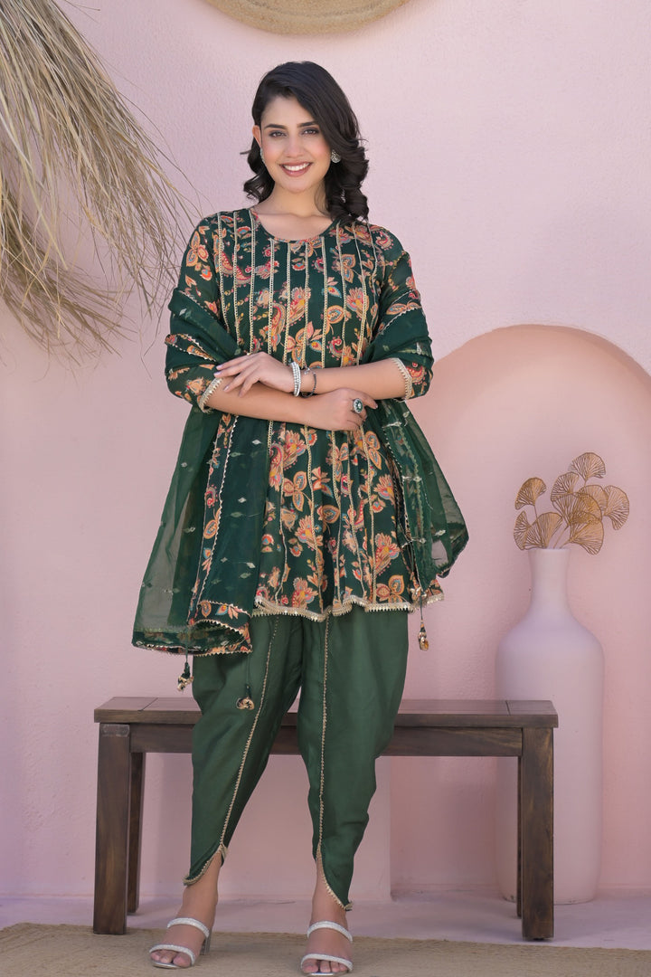 Aavanya Green Less Work Round Neck Straight Kurta & Dhoti with Dupatta