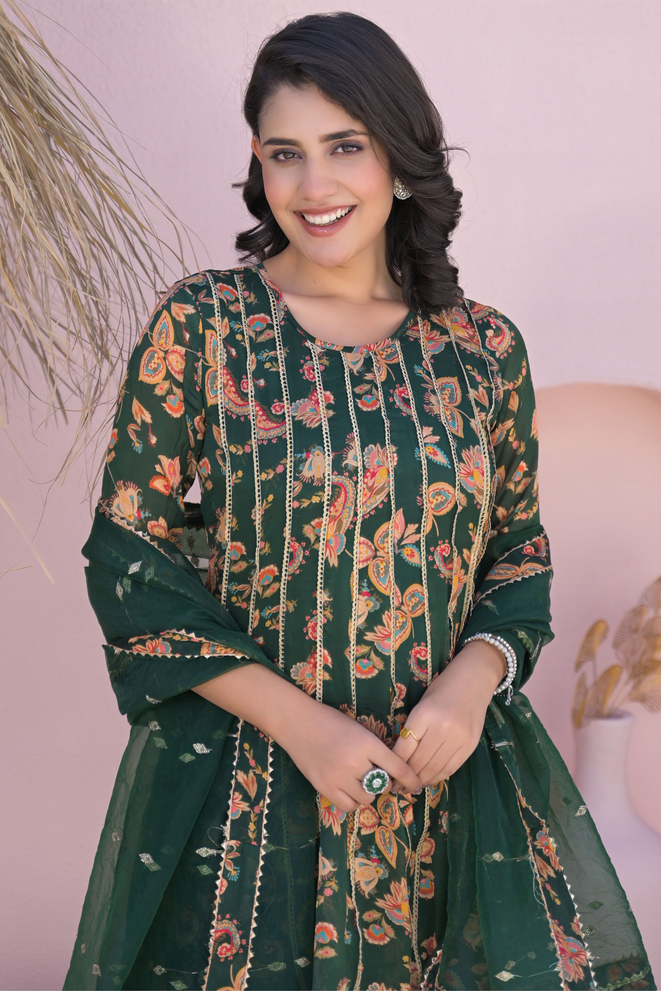 Green Less Work Round Neck Straight Kurta & Dhoti with Dupatta