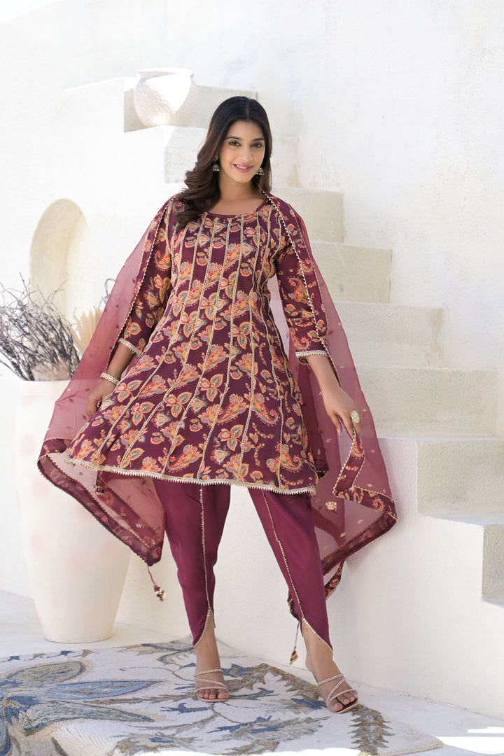 Aavanya Maroon Less Work Round Neck Straight Kurta & Dhoti with Dupatta