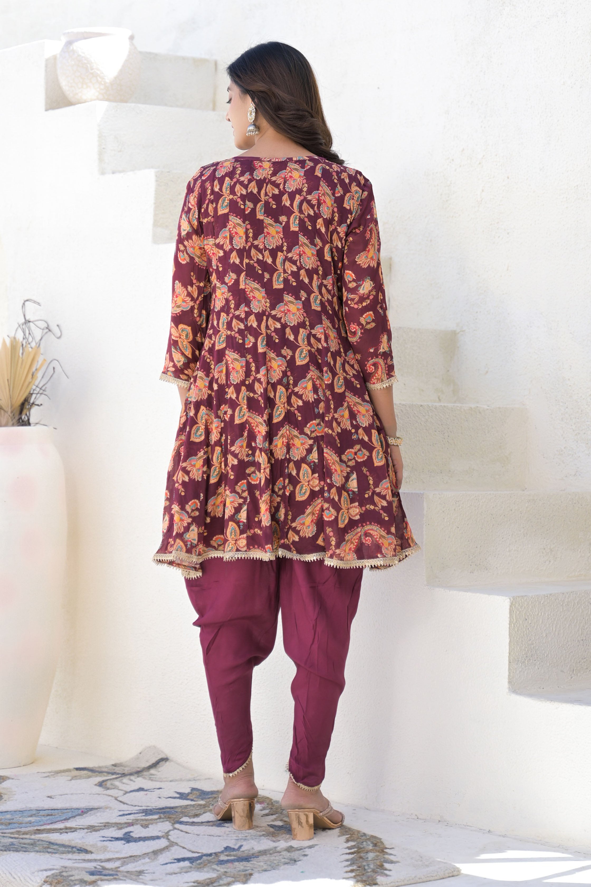 Maroon Less Work Round Neck Straight Kurta & Dhoti with Dupatta
