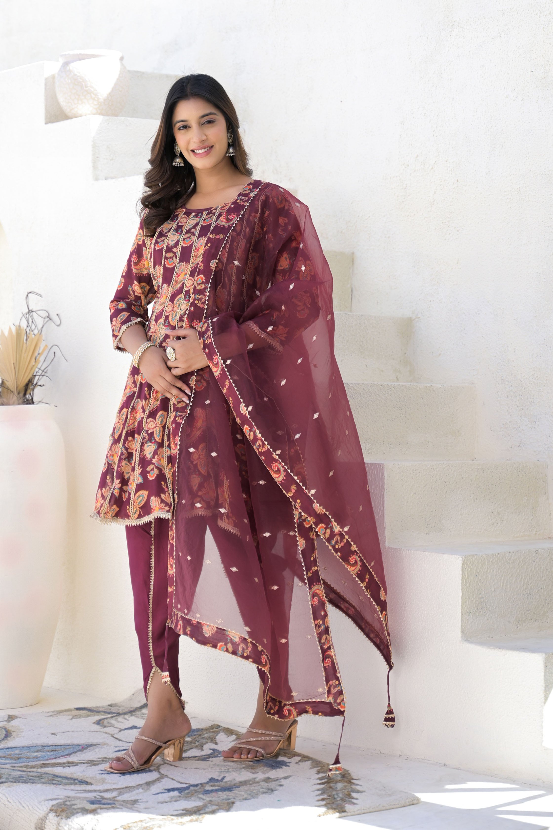 Maroon Less Work Round Neck Straight Kurta & Dhoti with Dupatta