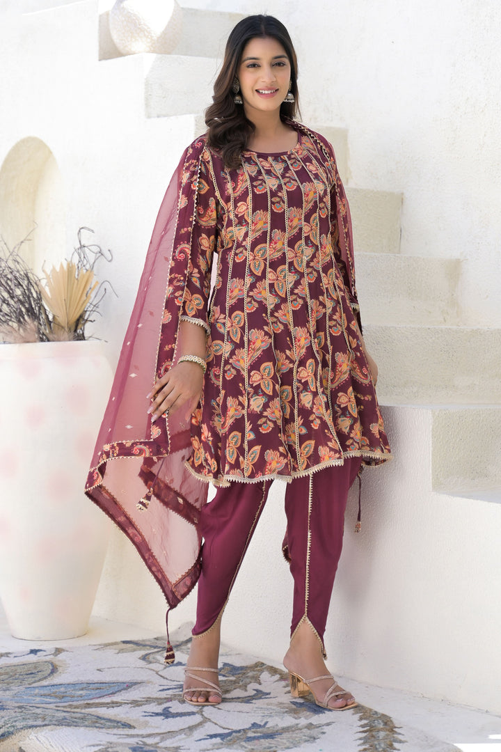 Maroon Less Work Round Neck Straight Kurta & Dhoti with Dupatta