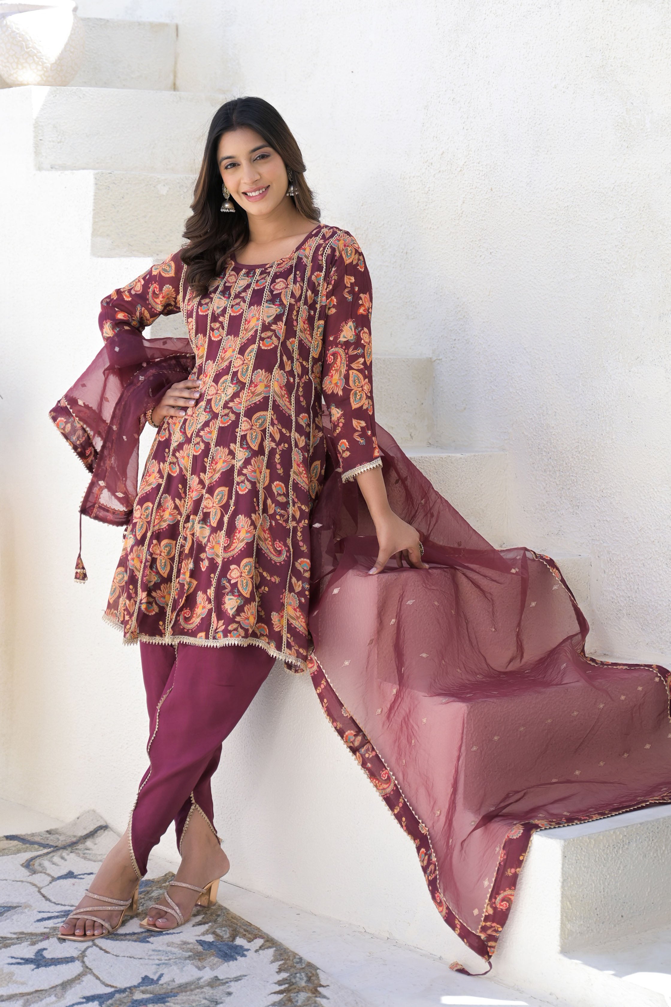 Maroon Less Work Round Neck Straight Kurta & Dhoti with Dupatta