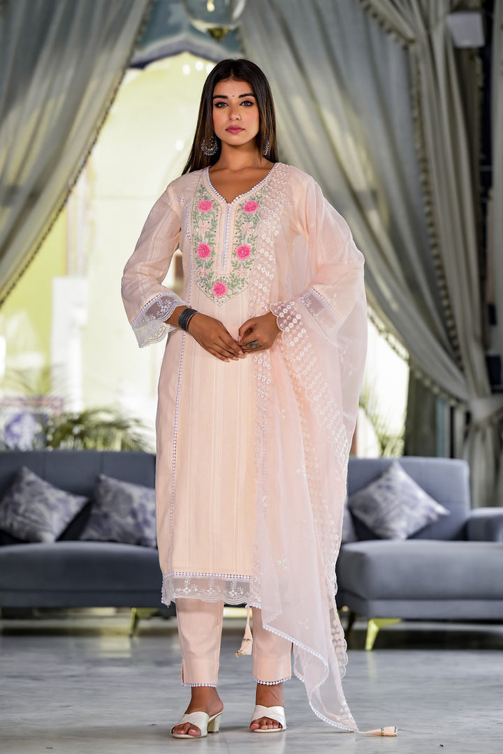 Aavanya Peach Cotton Straight V-Neck Sequinned Kurta & Trouser With Dupatta