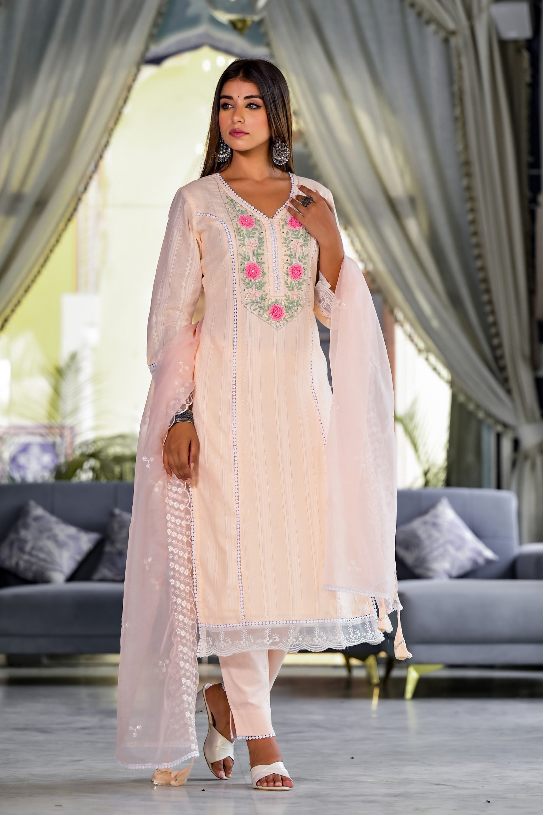Peach Cotton Straight V-Neck Sequinned Kurta & Trouser With Dupatta