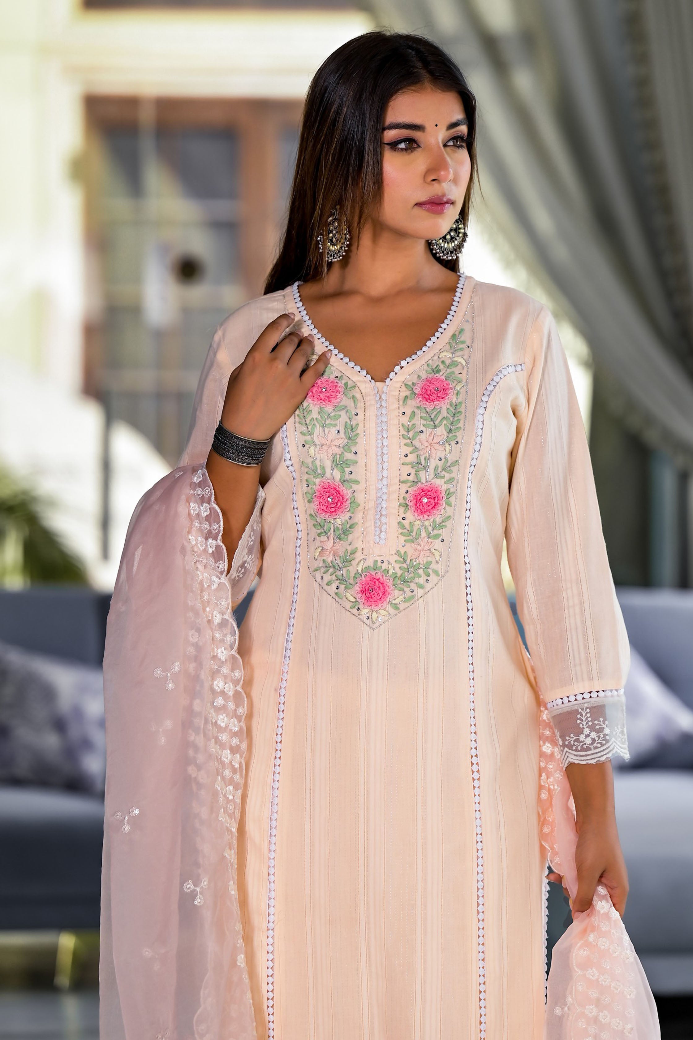 Peach Cotton Straight V-Neck Sequinned Kurta & Trouser With Dupatta