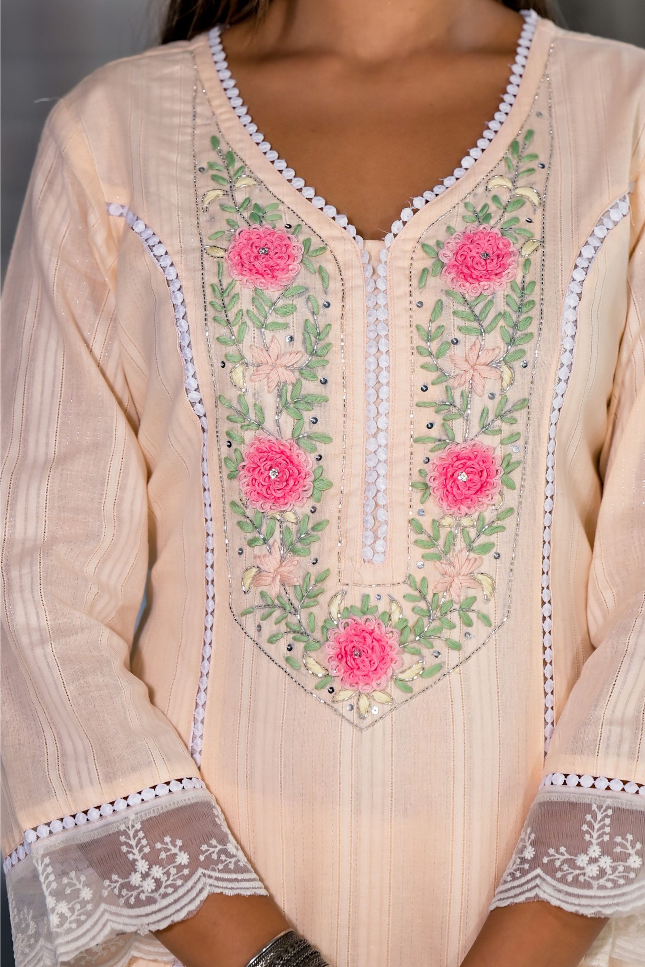 Peach Cotton Straight V-Neck Sequinned Kurta & Trouser With Dupatta