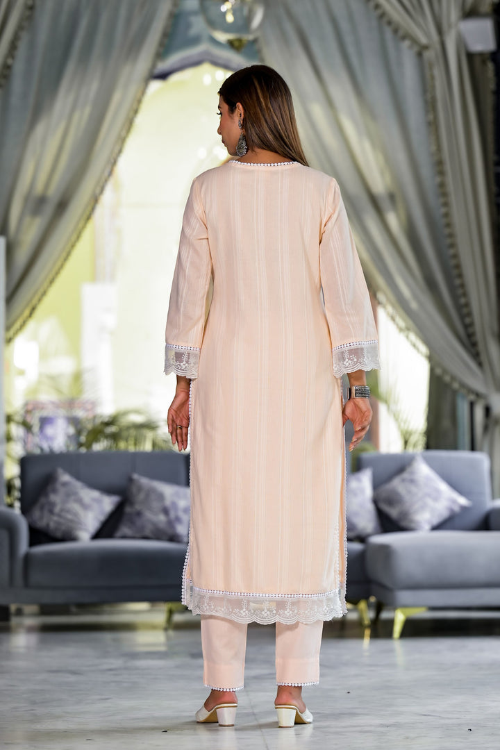 Peach Cotton Straight V-Neck Sequinned Kurta & Trouser With Dupatta