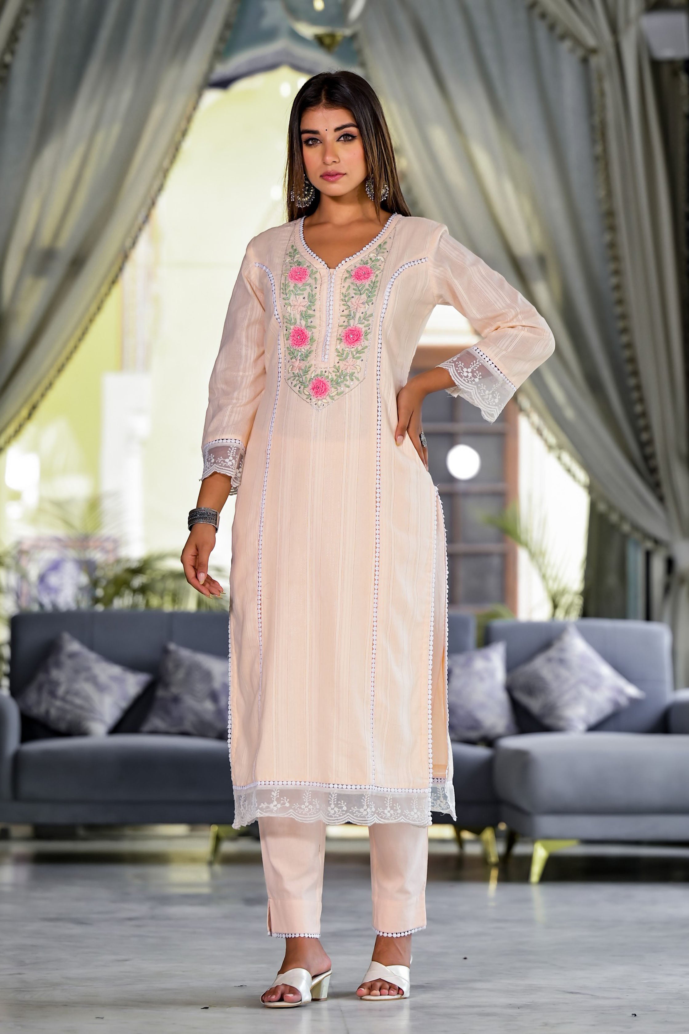 Peach Cotton Straight V-Neck Sequinned Kurta & Trouser With Dupatta
