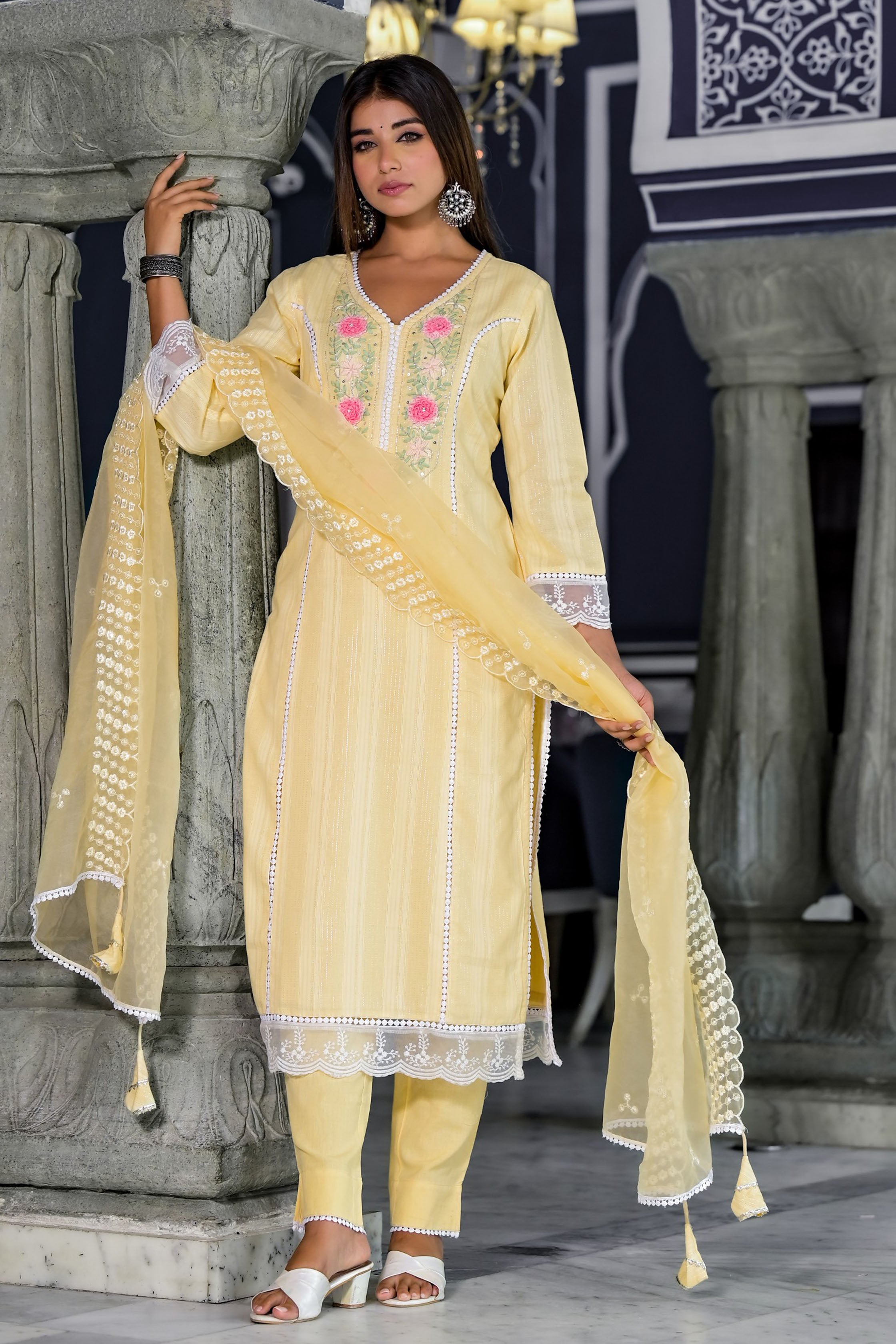 Yellow Cotton Straight V-Neck Sequinned Kurta & Trouser With Dupatta