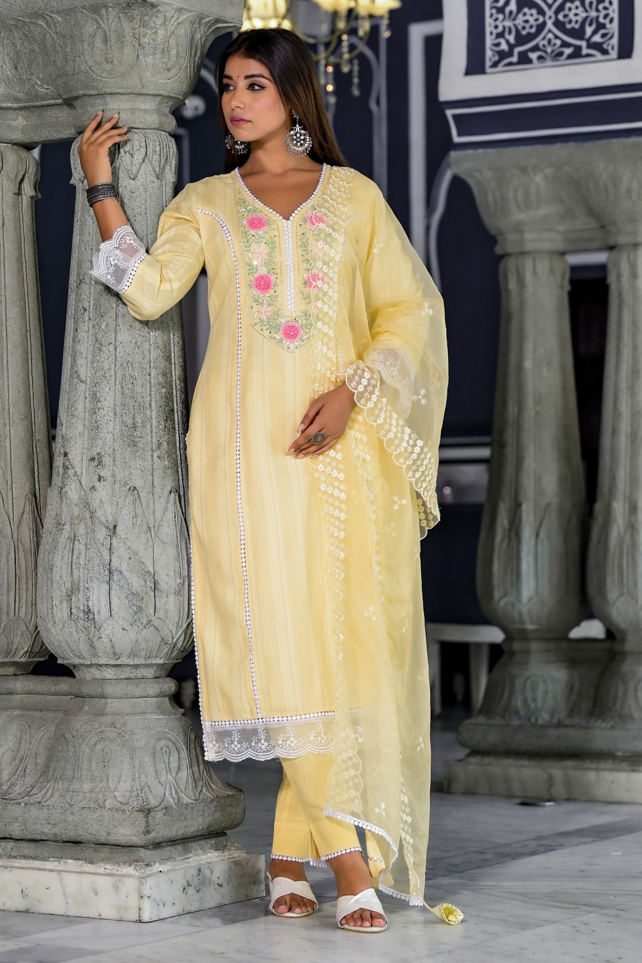 Yellow Cotton Straight V-Neck Sequinned Kurta & Trouser With Dupatta