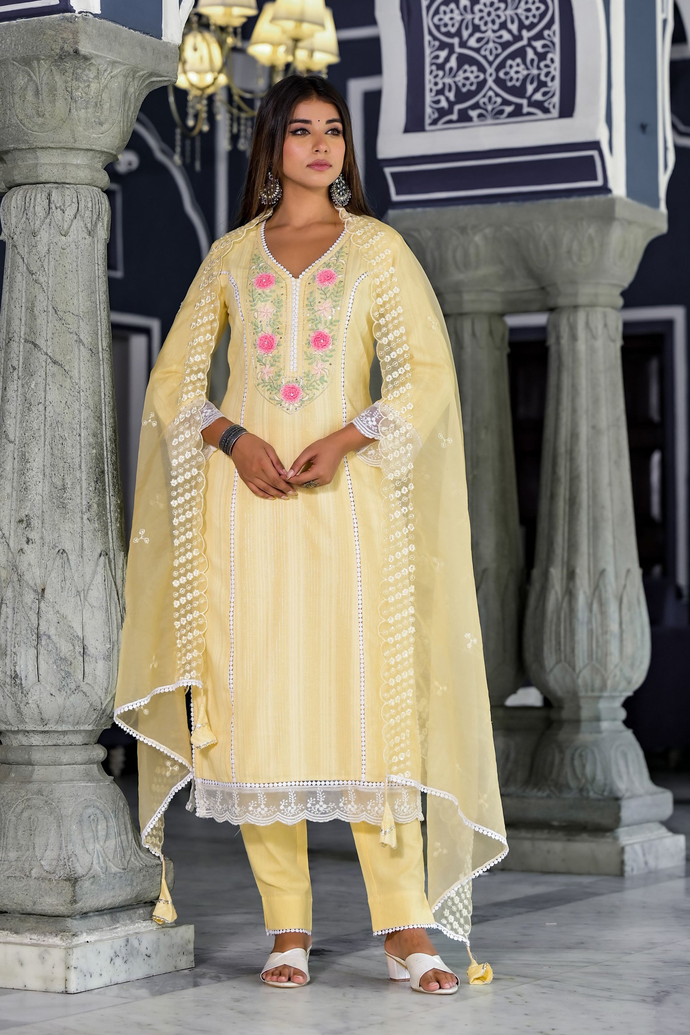 Aavanya Yellow Cotton Straight V-Neck Sequinned Kurta & Trouser With Dupatta