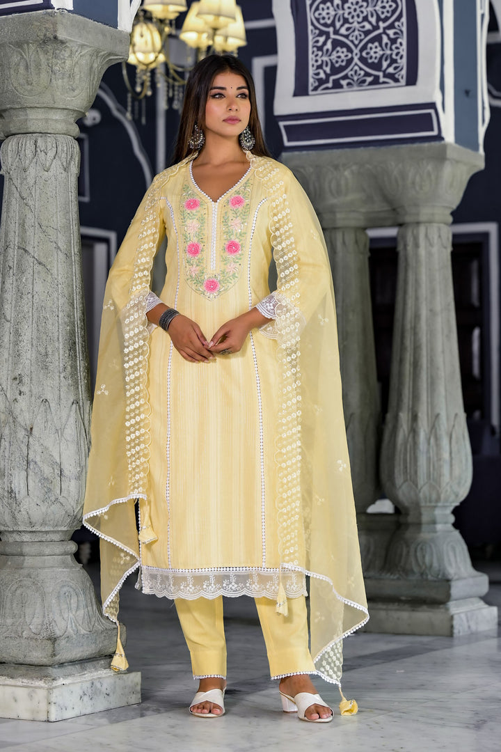 Aavanya Yellow Cotton Straight V-Neck Sequinned Kurta & Trouser With Dupatta