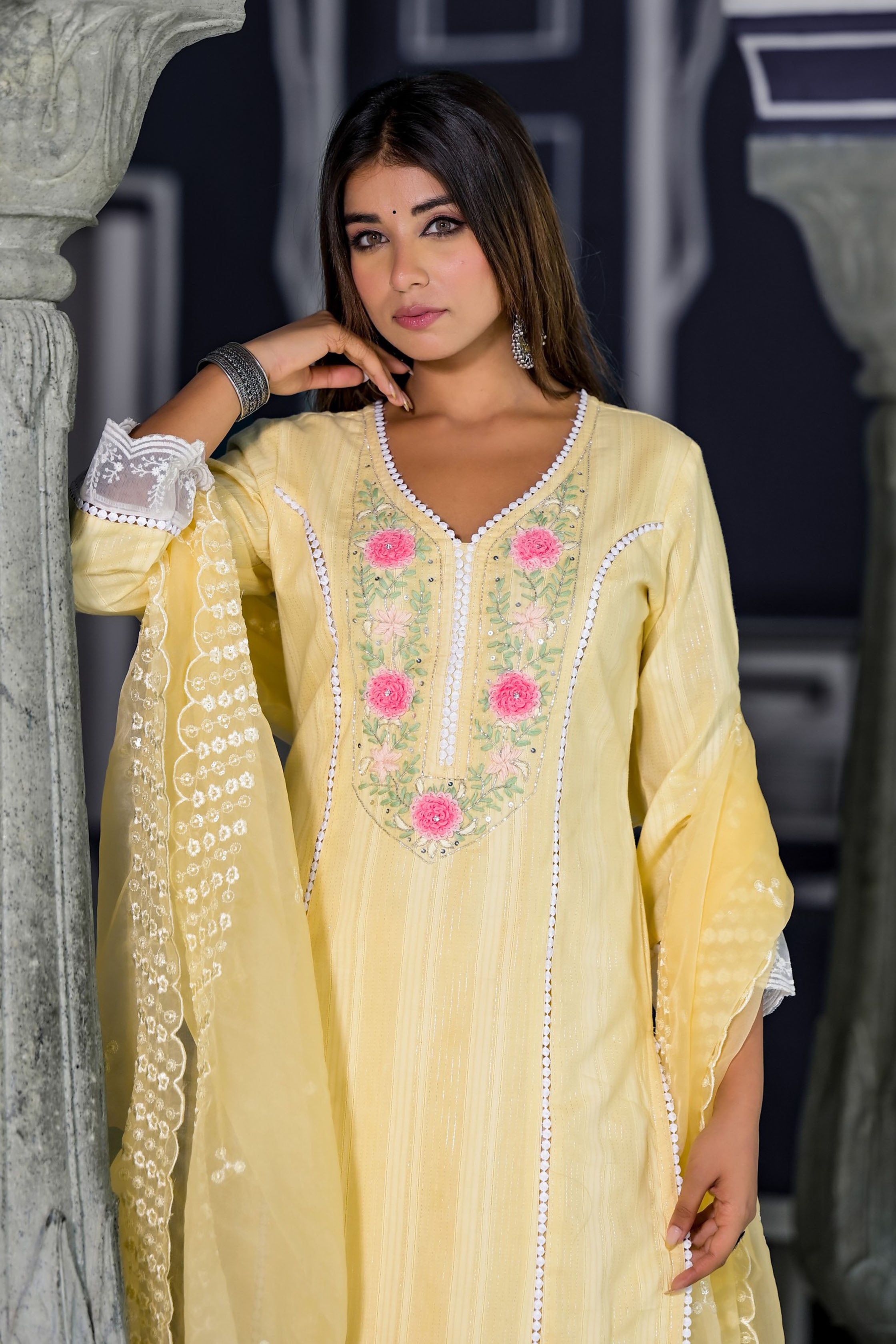 Yellow Cotton Straight V-Neck Sequinned Kurta & Trouser With Dupatta