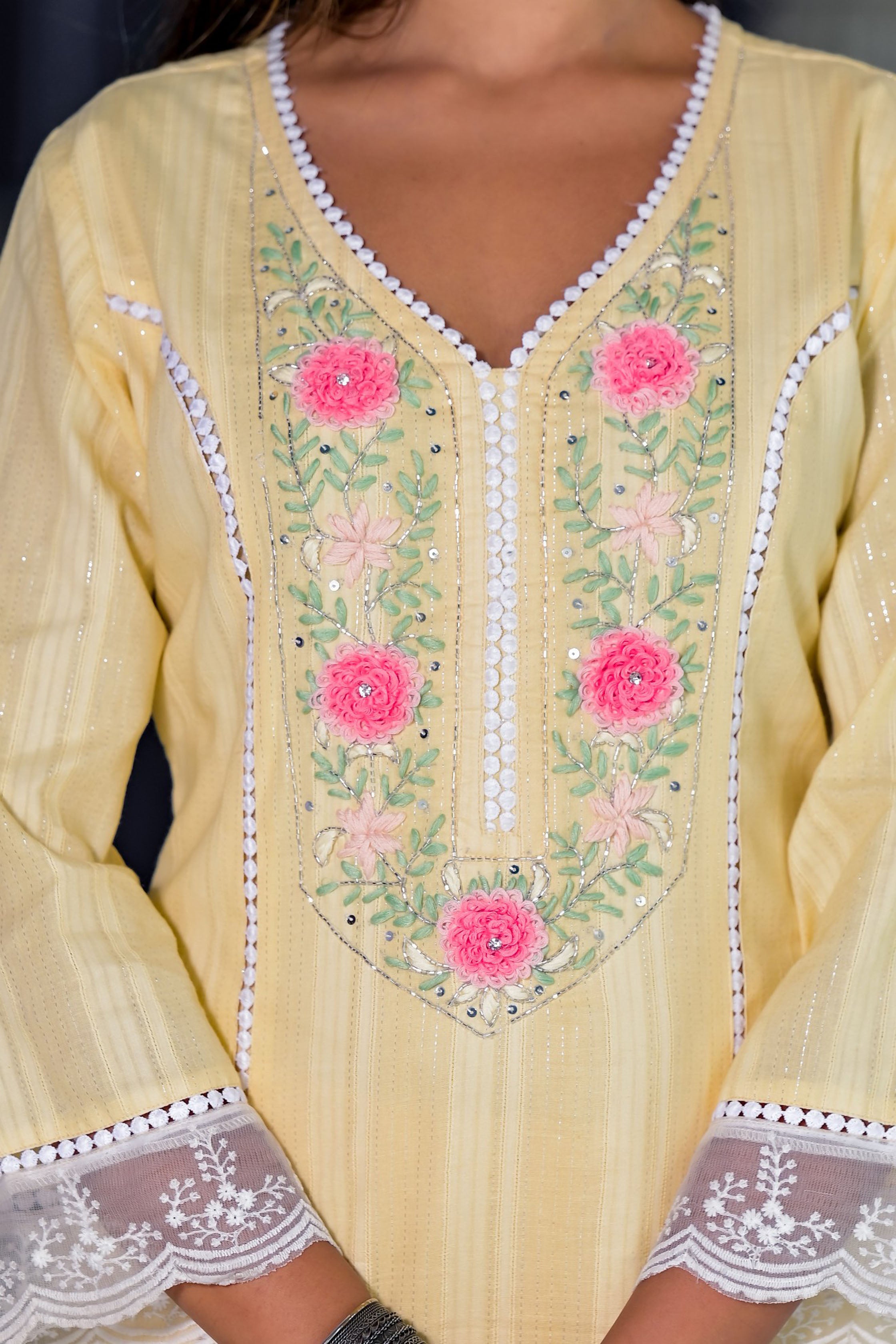 Yellow Cotton Straight V-Neck Sequinned Kurta & Trouser With Dupatta