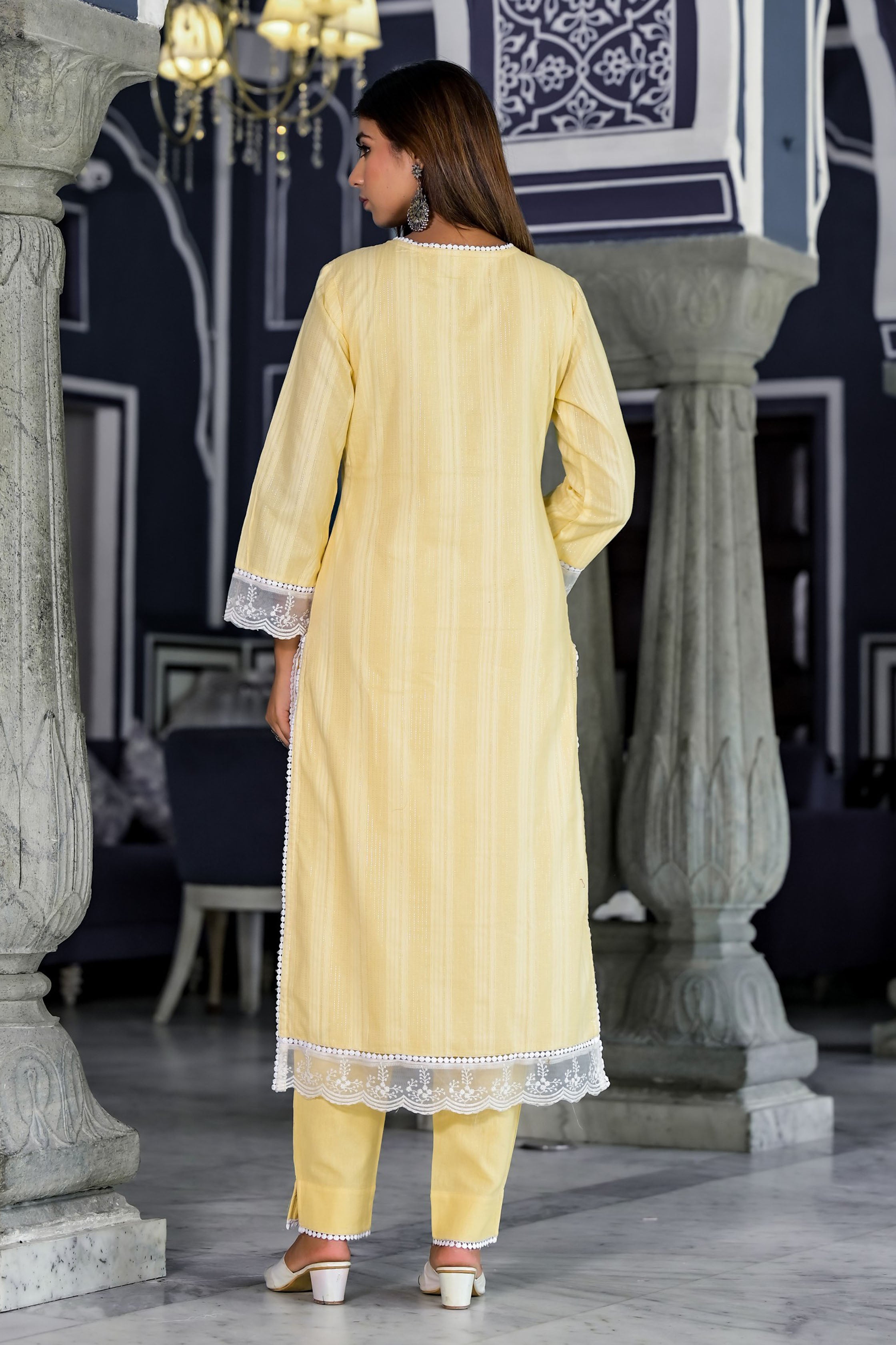 Yellow Cotton Straight V-Neck Sequinned Kurta & Trouser With Dupatta