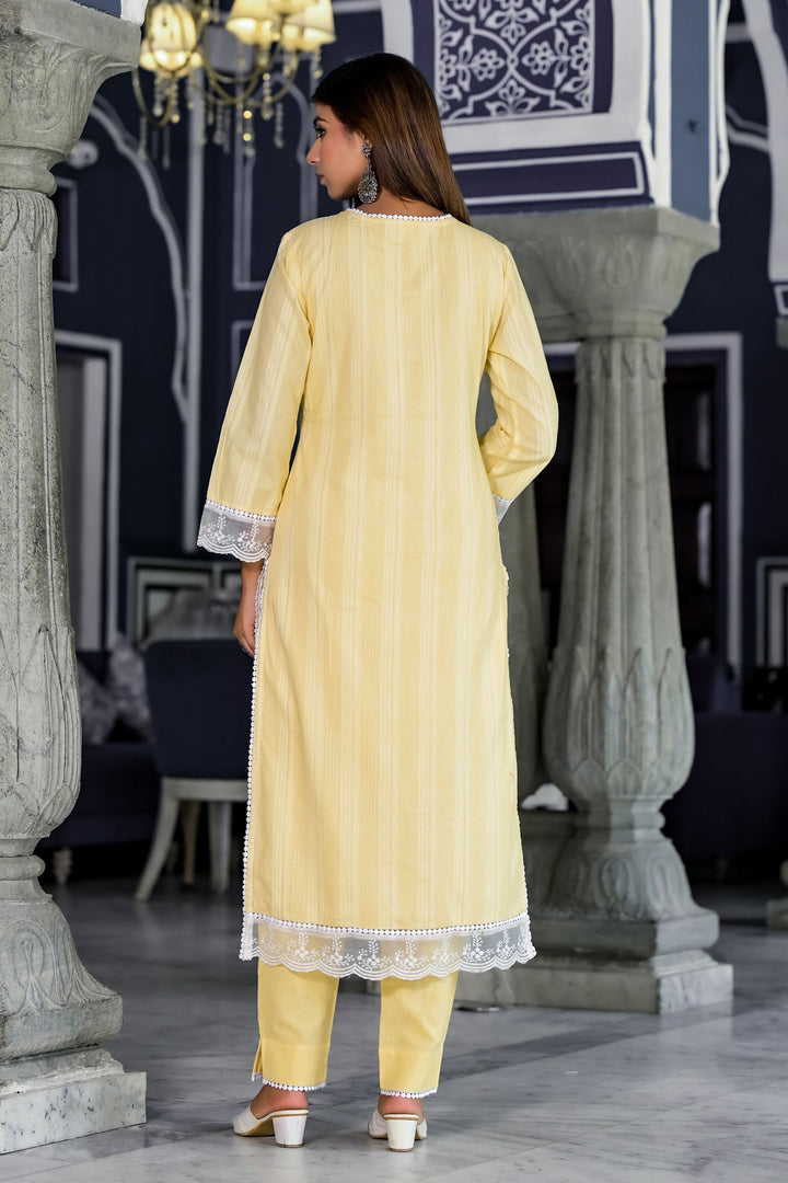Yellow Cotton Straight V-Neck Sequinned Kurta & Trouser With Dupatta