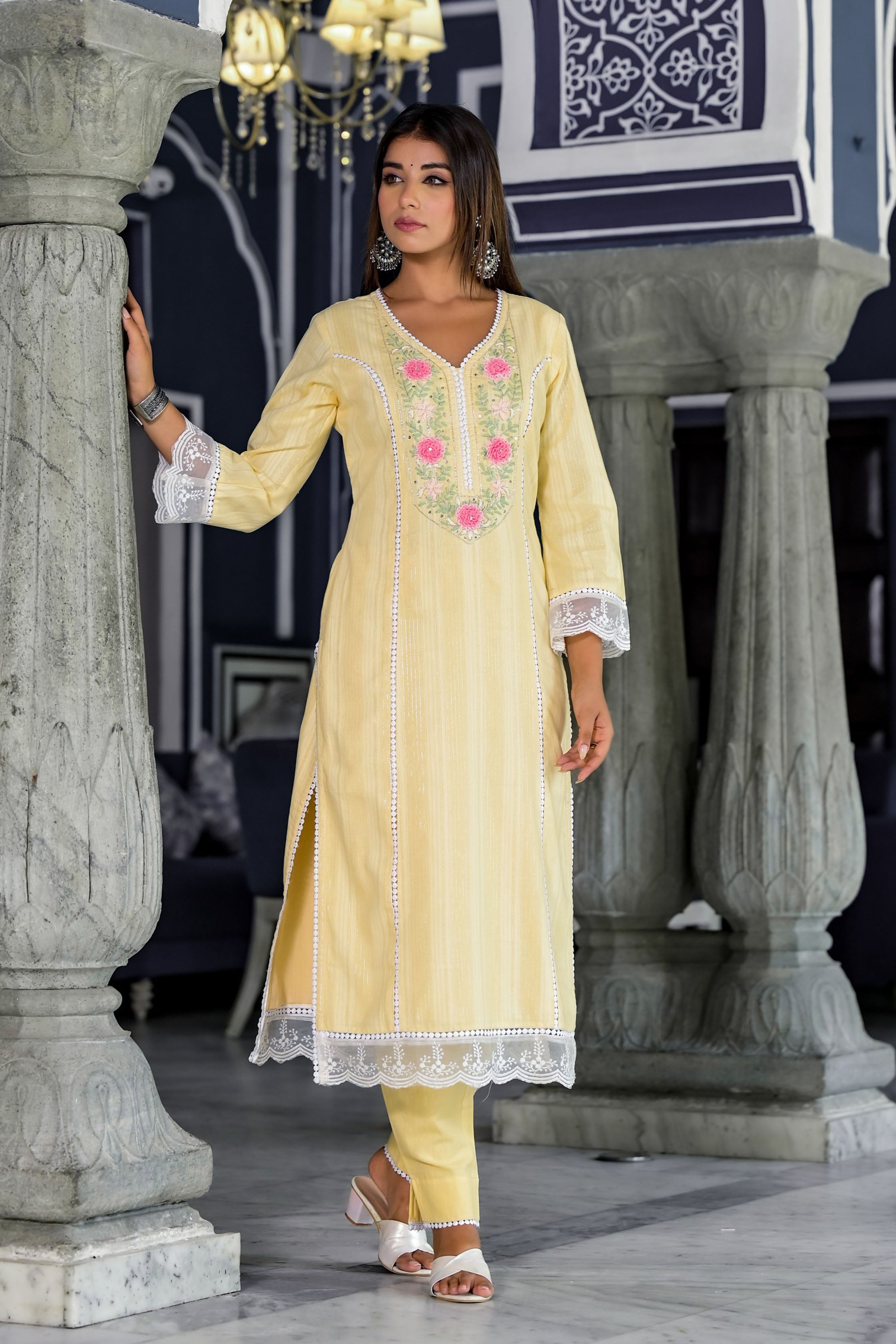 Yellow Cotton Straight V-Neck Sequinned Kurta & Trouser With Dupatta
