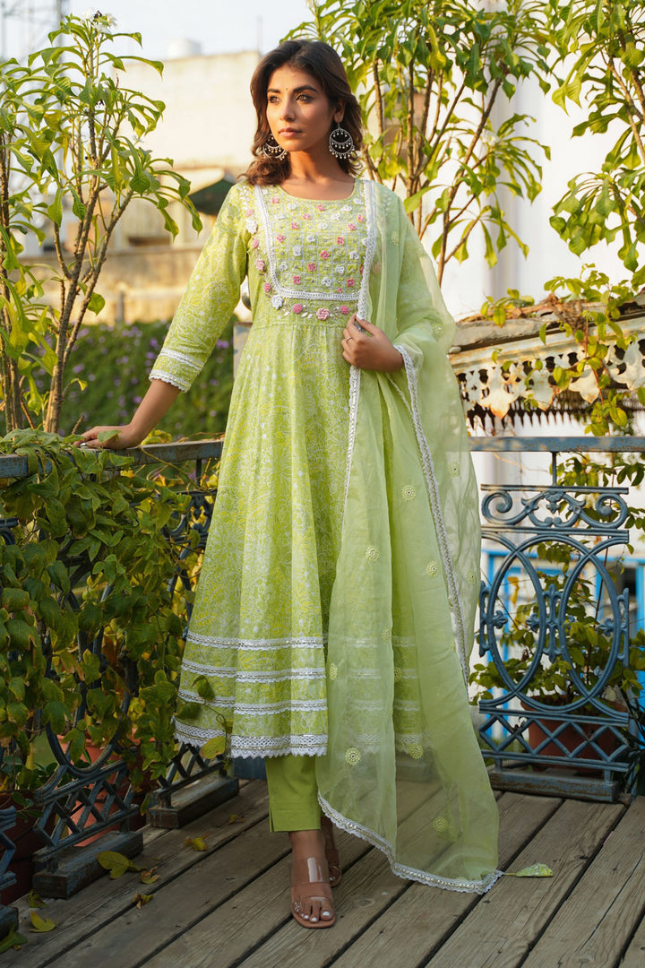 Aavanya Lime Green Cotton Hand Work And Thred Work Round Neck Anarkali Kurta & Trouser With Dupatta