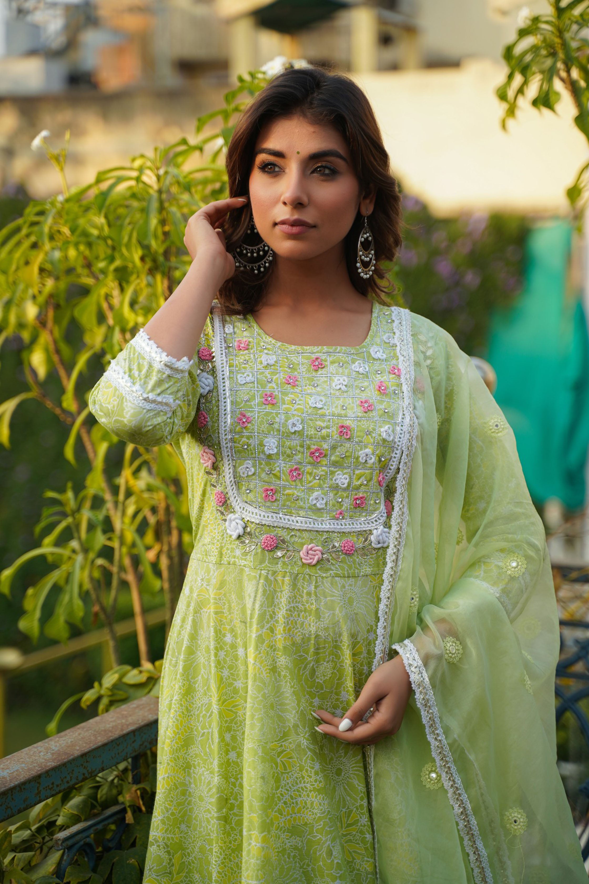 Lime Green Cotton Hand Work And Thred Work Round Neck Anarkali Kurta & Trouser With Dupatta