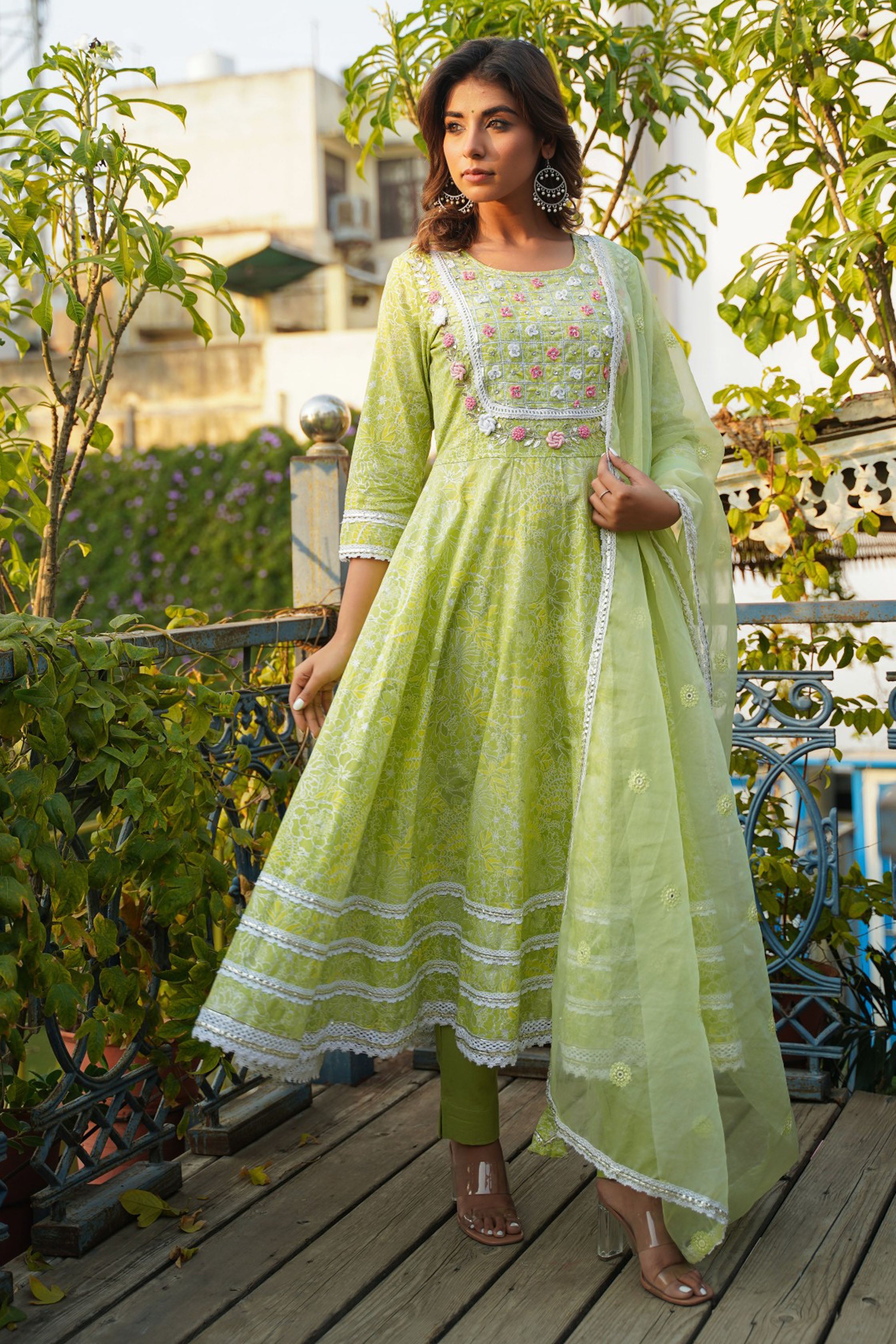 Lime Green Cotton Hand Work And Thred Work Round Neck Anarkali Kurta & Trouser With Dupatta