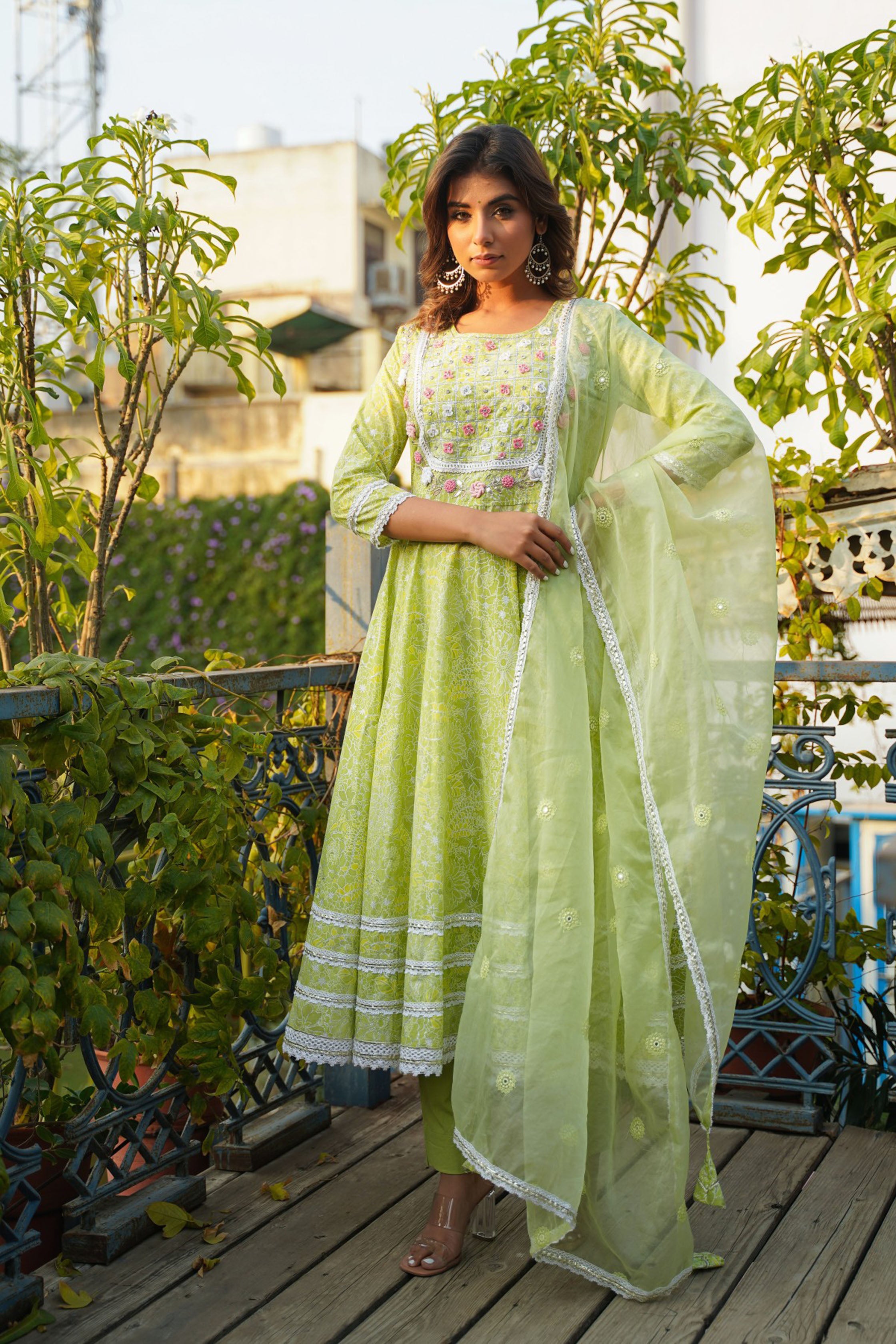 Lime Green Cotton Hand Work And Thred Work Round Neck Anarkali Kurta & Trouser With Dupatta