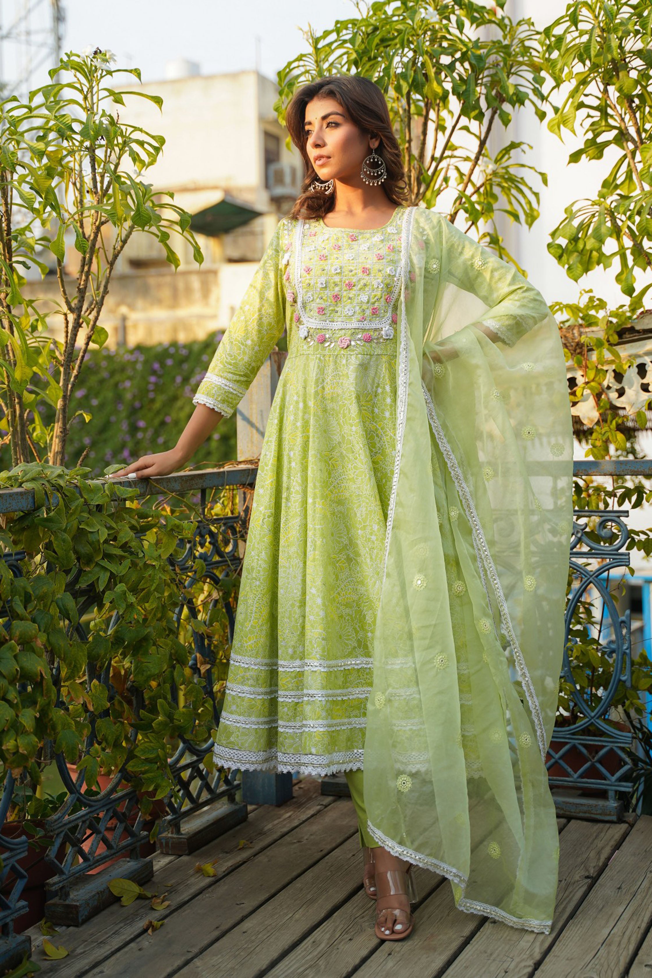 Lime Green Cotton Hand Work And Thred Work Round Neck Anarkali Kurta & Trouser With Dupatta
