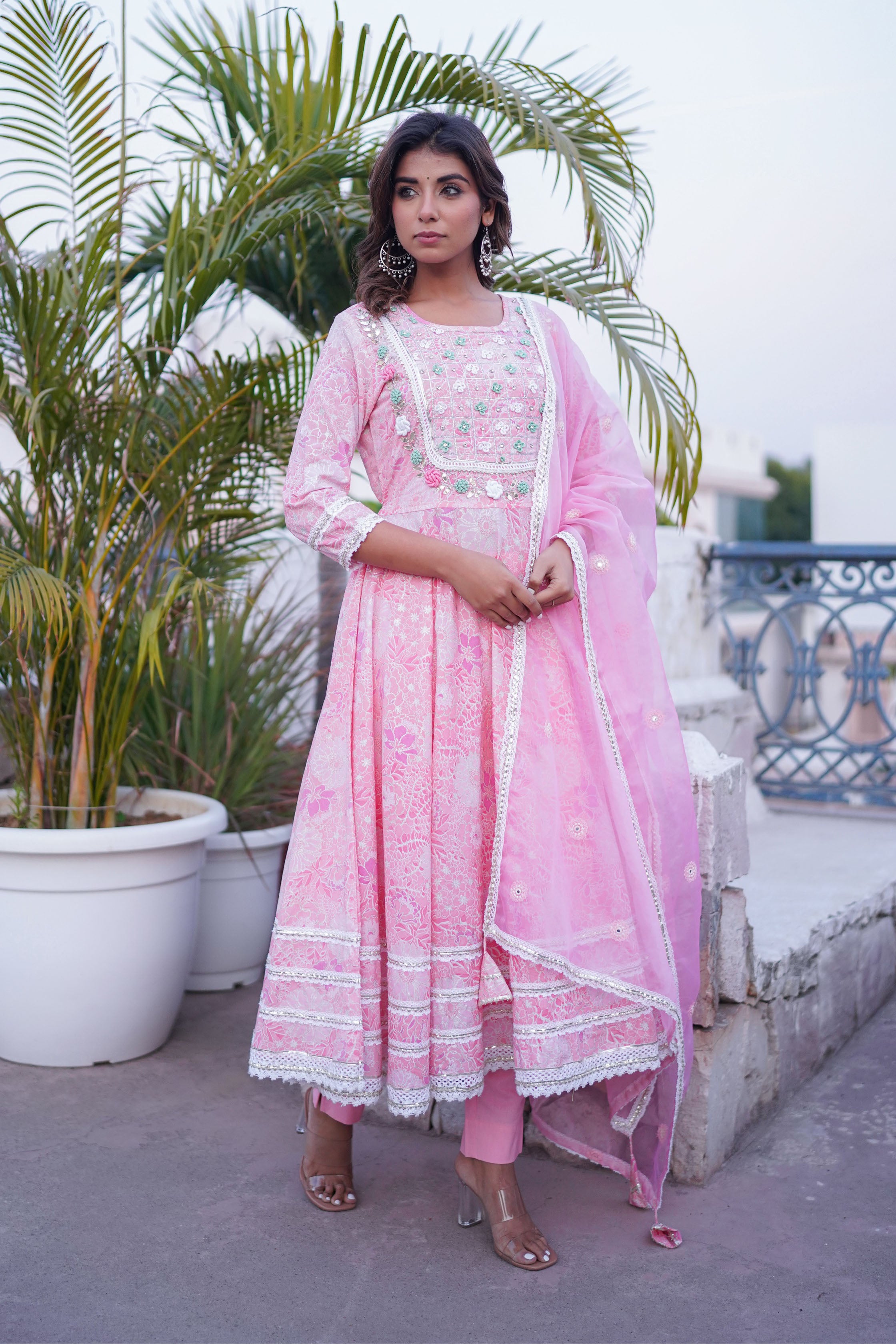 Pink Cotton Hand Work And Thred Work Round Neck Anarkali Kurta & Trouser With Dupatta