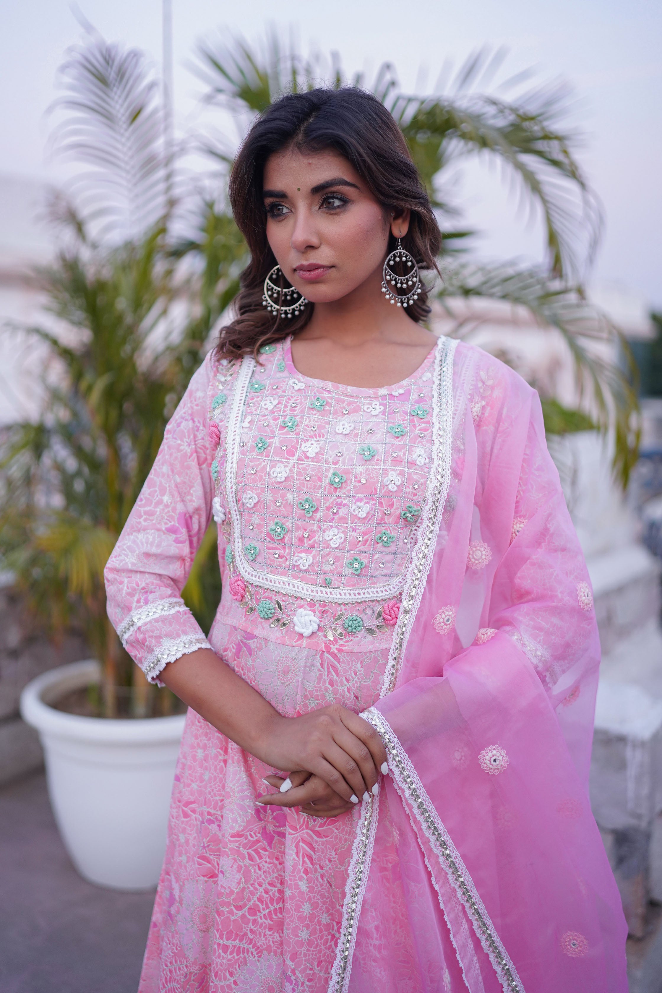 Pink Cotton Hand Work And Thred Work Round Neck Anarkali Kurta & Trouser With Dupatta