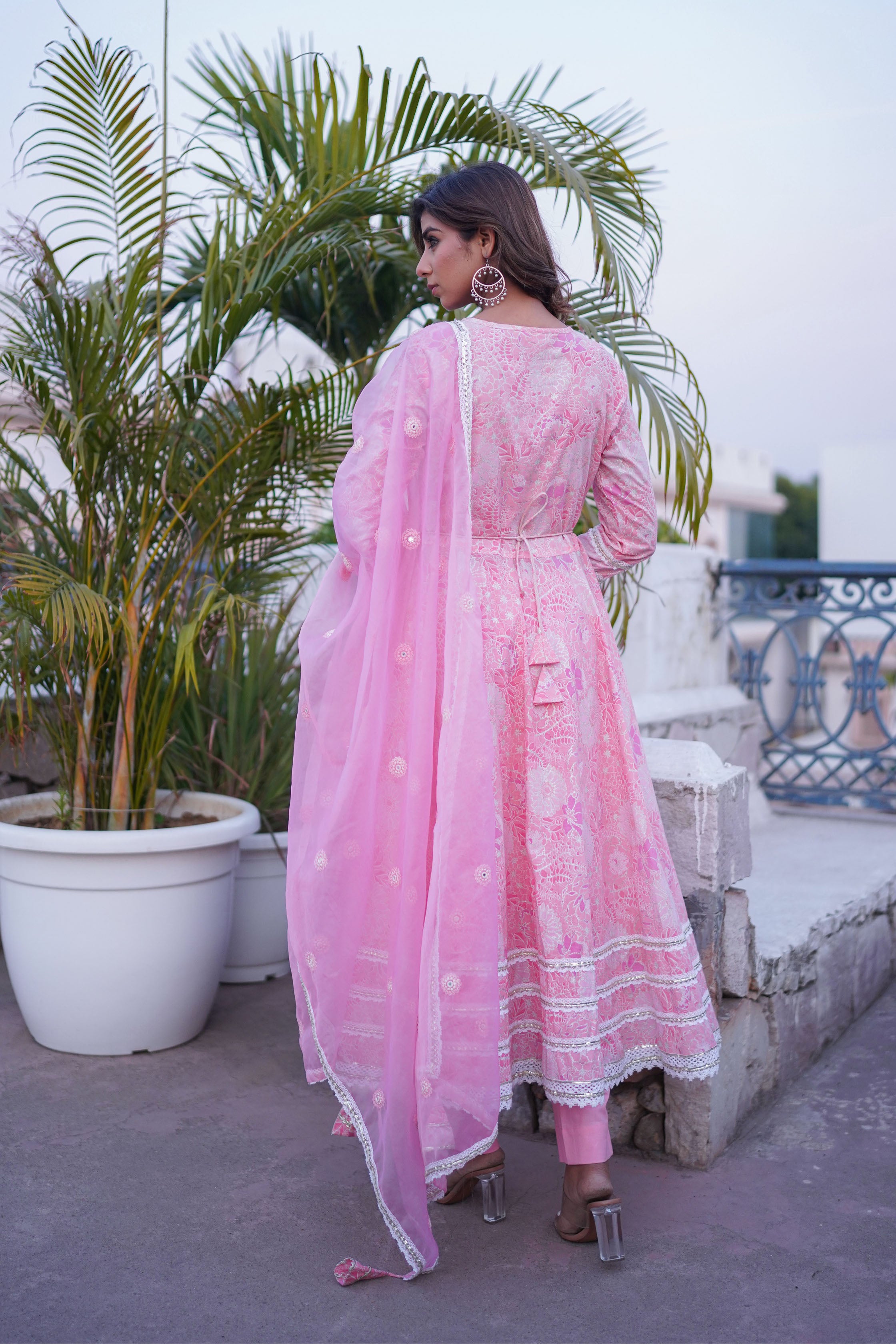 Pink Cotton Hand Work And Thred Work Round Neck Anarkali Kurta & Trouser With Dupatta